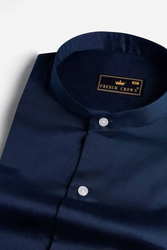 Tangaroa Blue Subtle Sheen Super Soft Premium Cotton Mandarin Shirt sold by French Crown