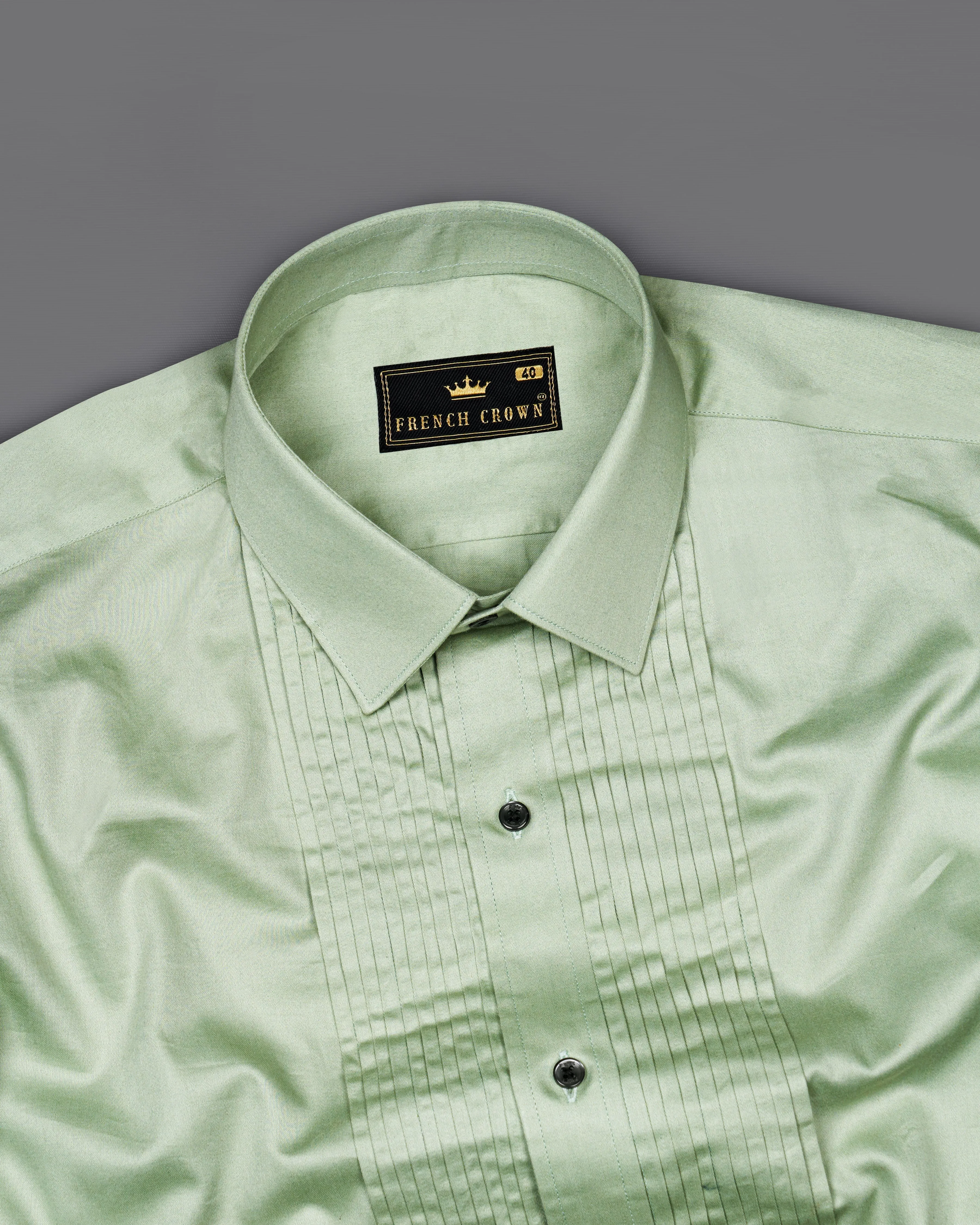 Coriander Green Subtle Sheen Snake Pleated Super Soft Premium Cotton Tuxedo Shirt sold by French Crown product image thumbnail 5