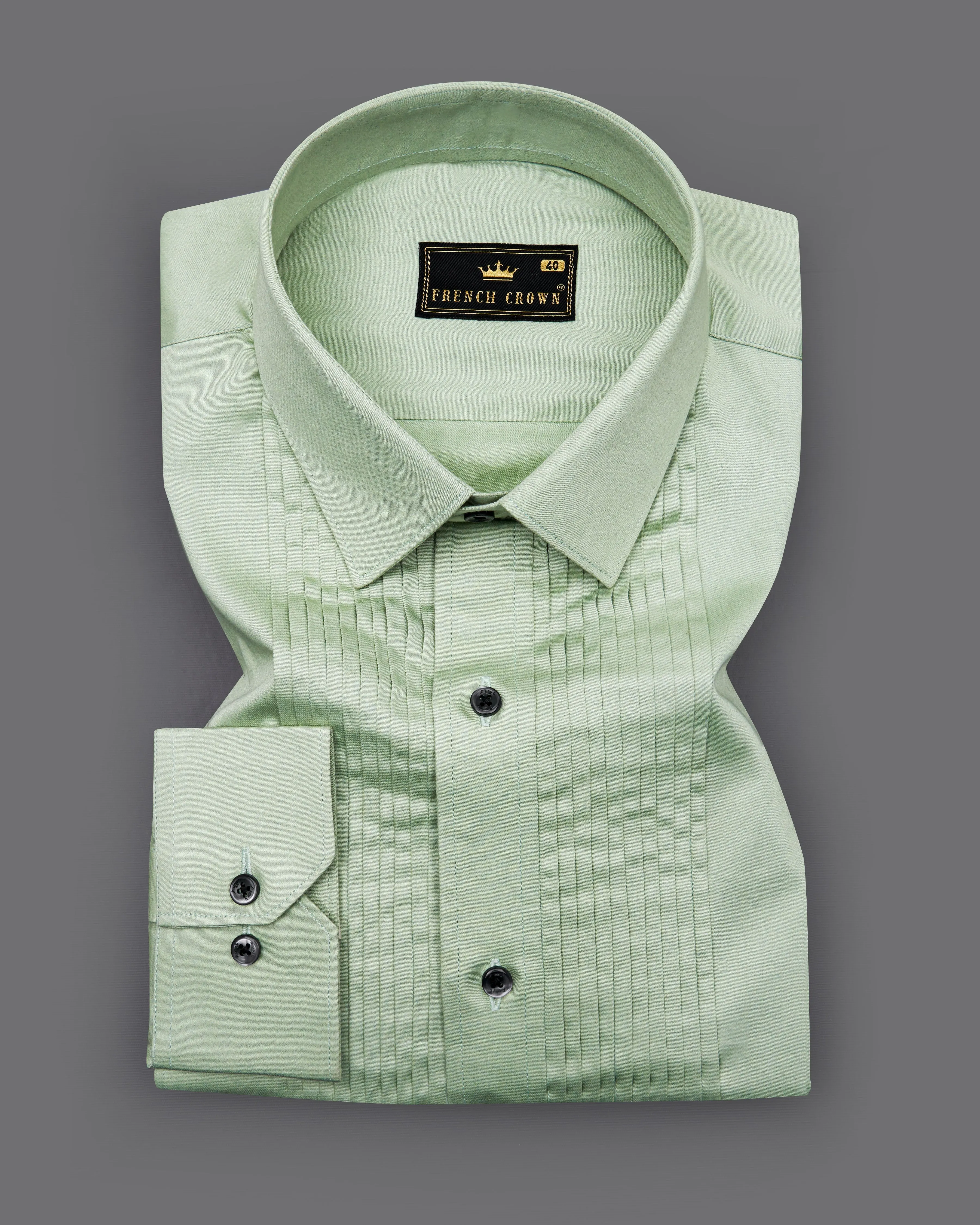 Coriander Green Subtle Sheen Snake Pleated Super Soft Premium Cotton Tuxedo Shirt sold by French Crown product image thumbnail 2