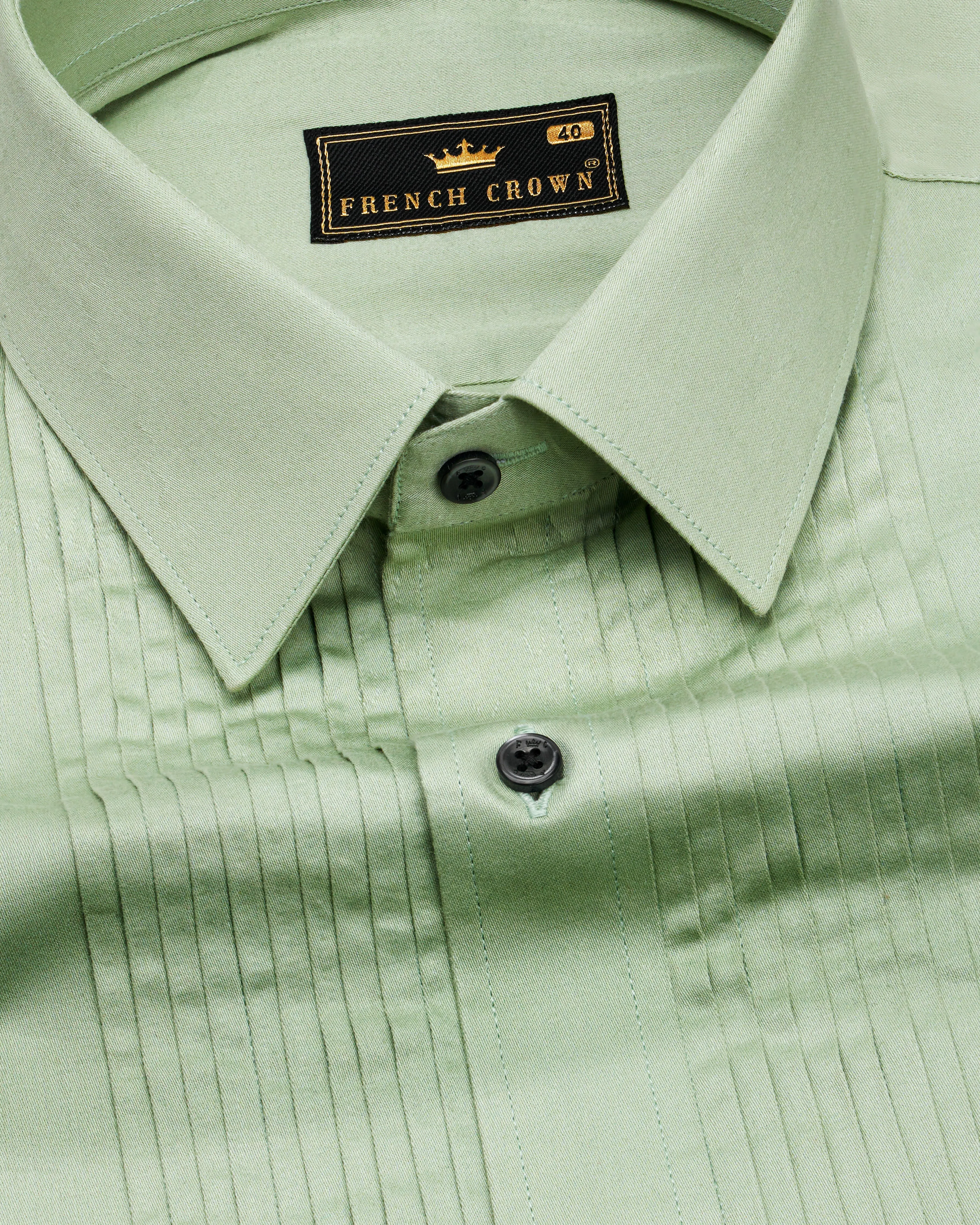 Coriander Green Subtle Sheen Snake Pleated Super Soft Premium Cotton Tuxedo Shirt sold by French Crown product image thumbnail 4