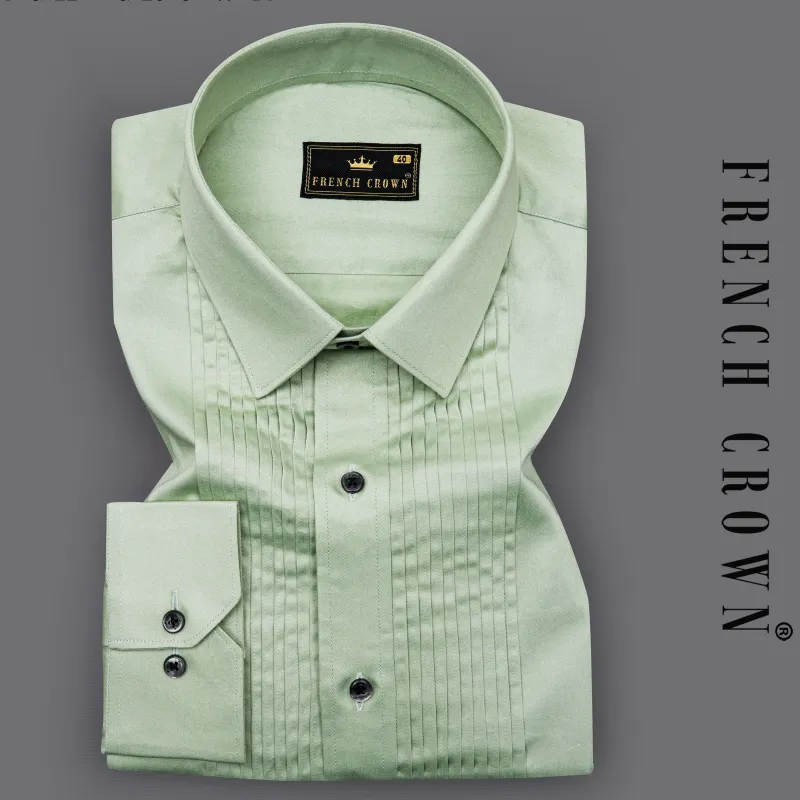 Coriander Green Subtle Sheen Snake Pleated Super Soft Premium Cotton Tuxedo Shirt sold by French Crown