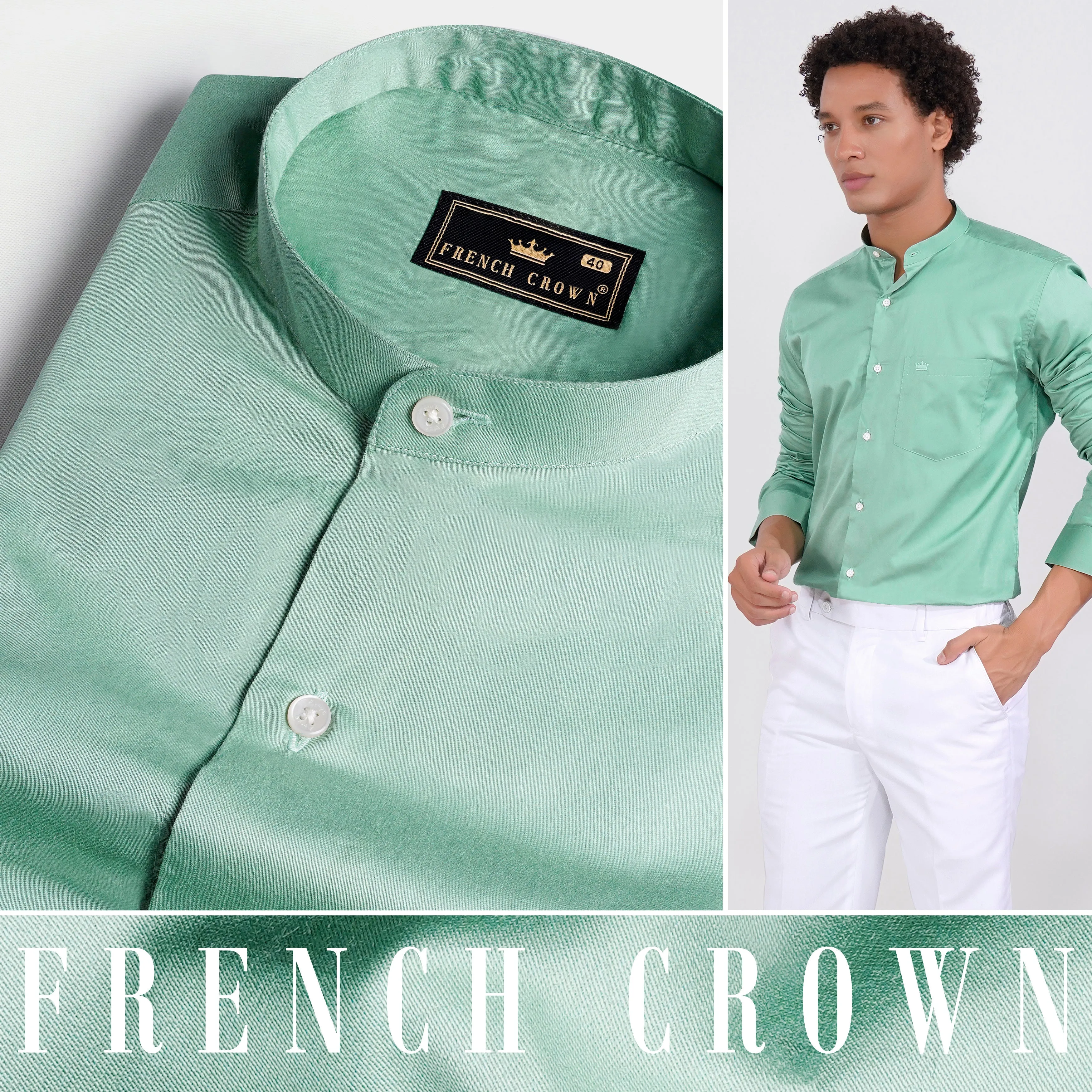Gulf Stream Green Subtle Sheen Super Soft Premium Cotton Mandarin Shirt sold by French Crown product image thumbnail 4