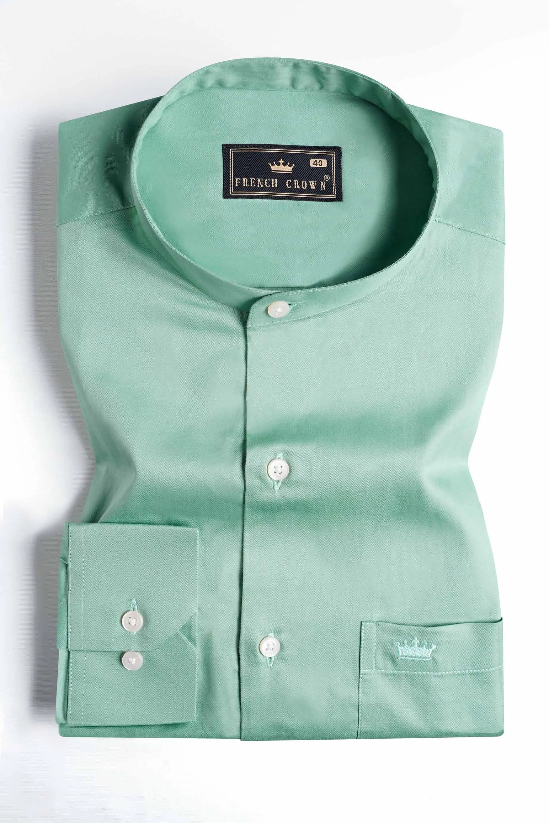 Gulf Stream Green Subtle Sheen Super Soft Premium Cotton Mandarin Shirt sold by French Crown product image thumbnail 3