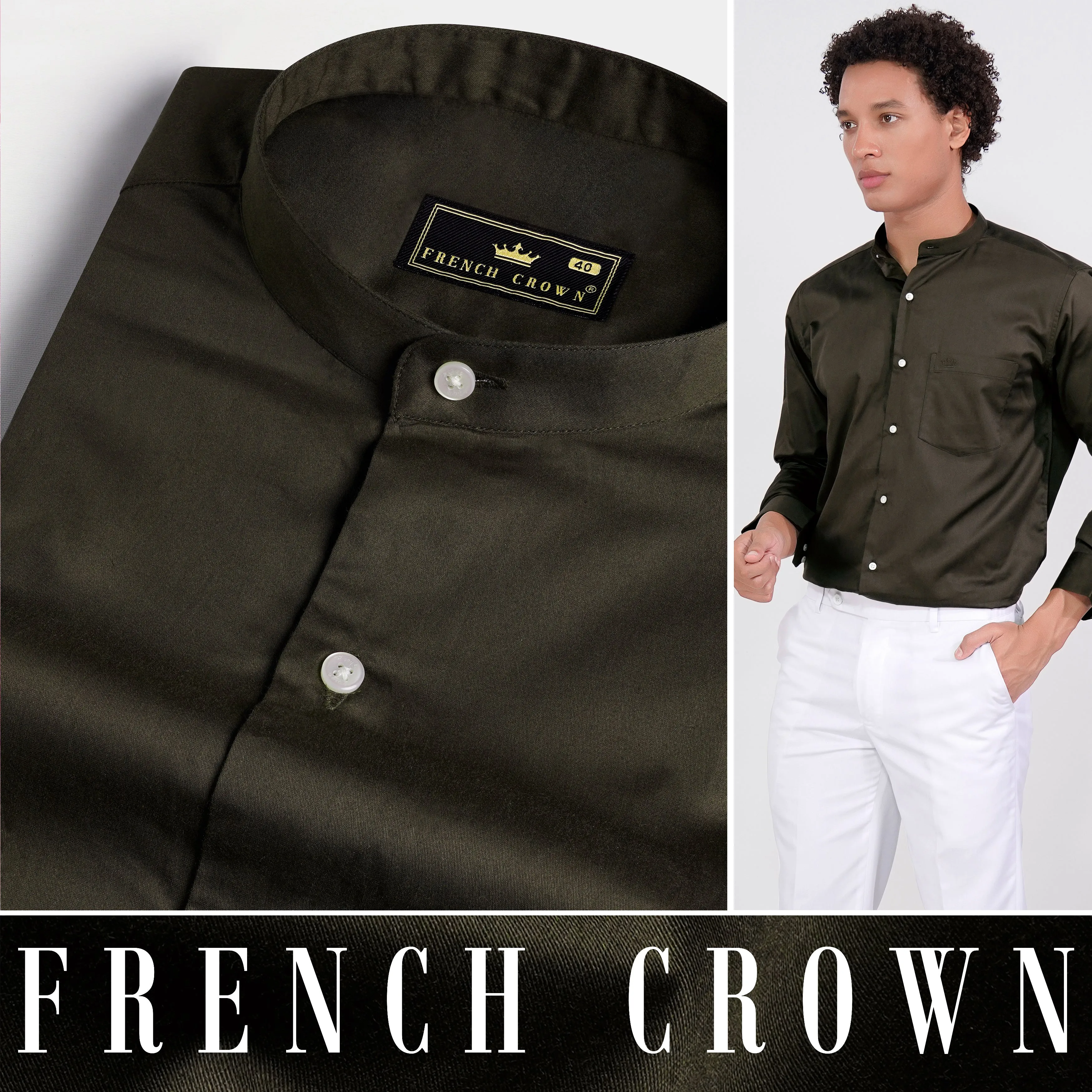 Birch Green Subtle Sheen Super Soft Premium Cotton Mandarin Shirt sold by French Crown product image thumbnail 4