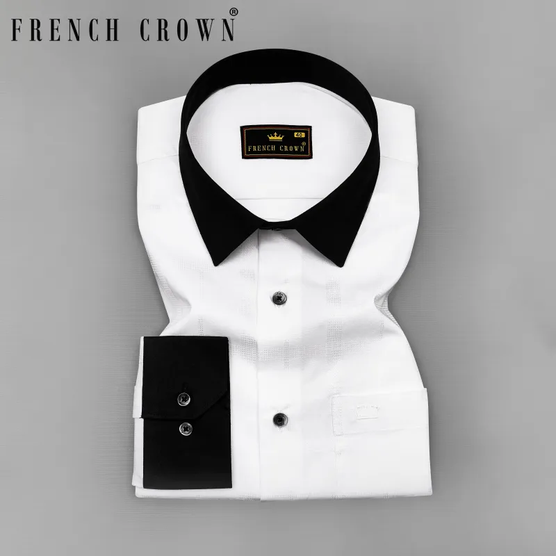 Bright White with Black Cuffs and Collar Dobby Textured Premium Giza Cotton Shirt sold by French Crown