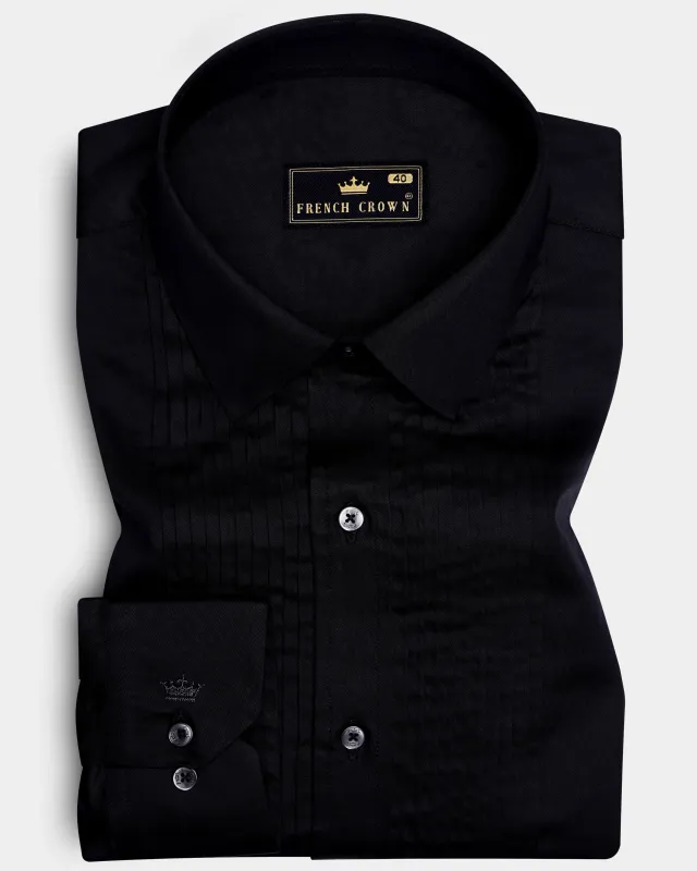 Jade Black Subtle Sheen Snake Pleated Super Soft Premium Cotton Tuxedo Shirt sold by French Crown