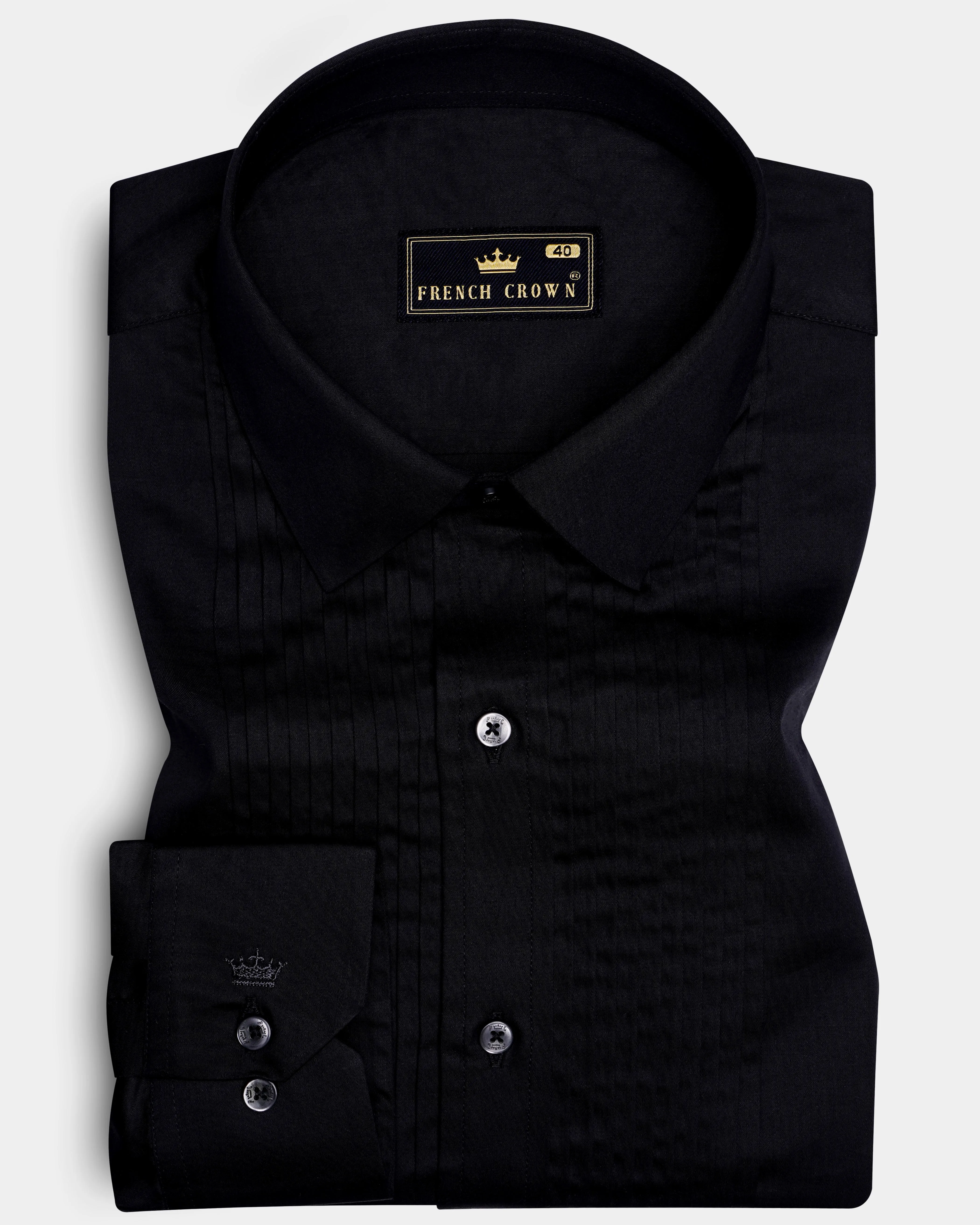 Jade Black Subtle Sheen Snake Pleated Super Soft Premium Cotton Tuxedo Shirt sold by French Crown