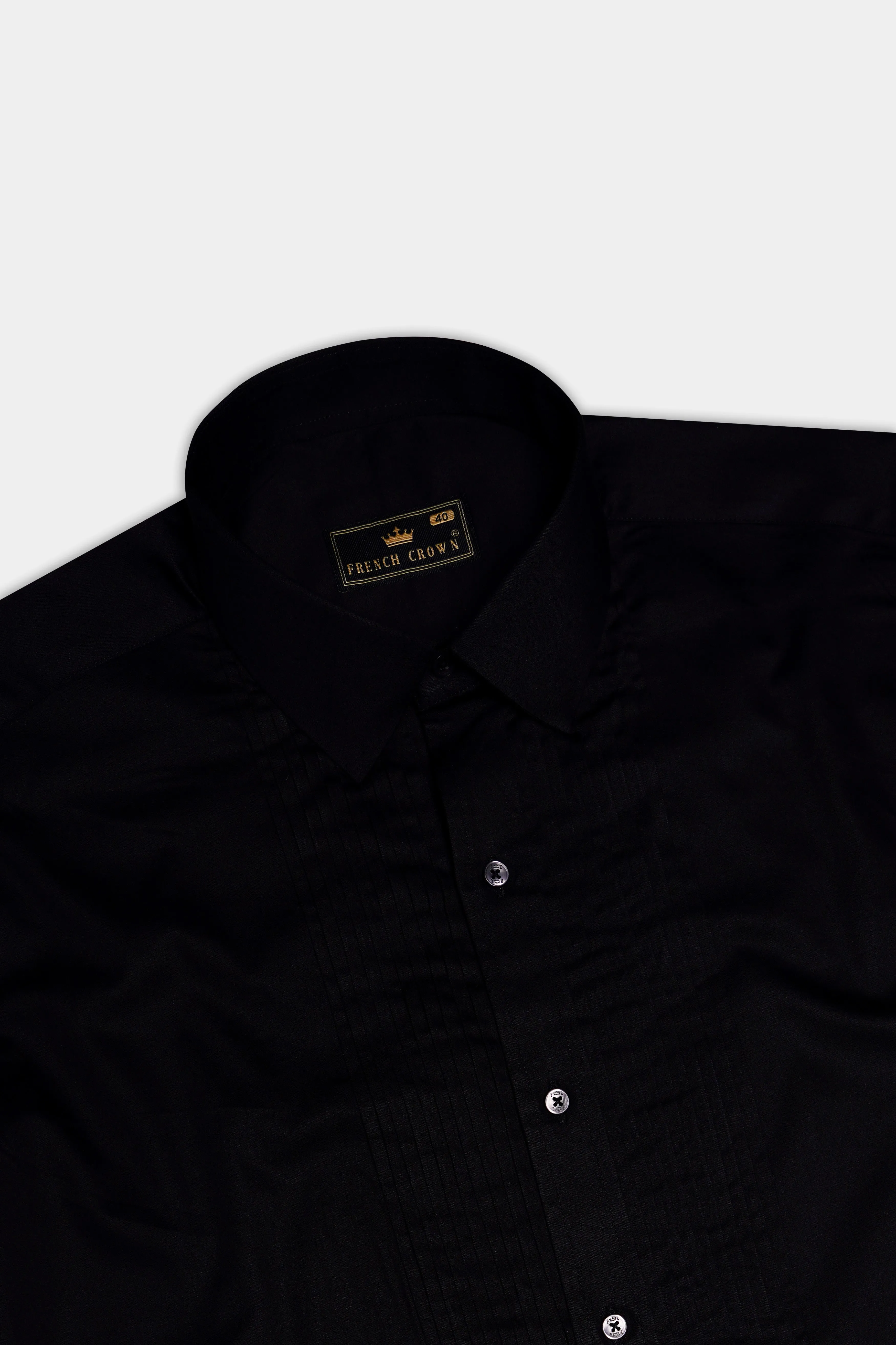 Jade Black Subtle Sheen Snake Pleated Super Soft Premium Cotton Tuxedo Shirt sold by French Crown product image thumbnail 5