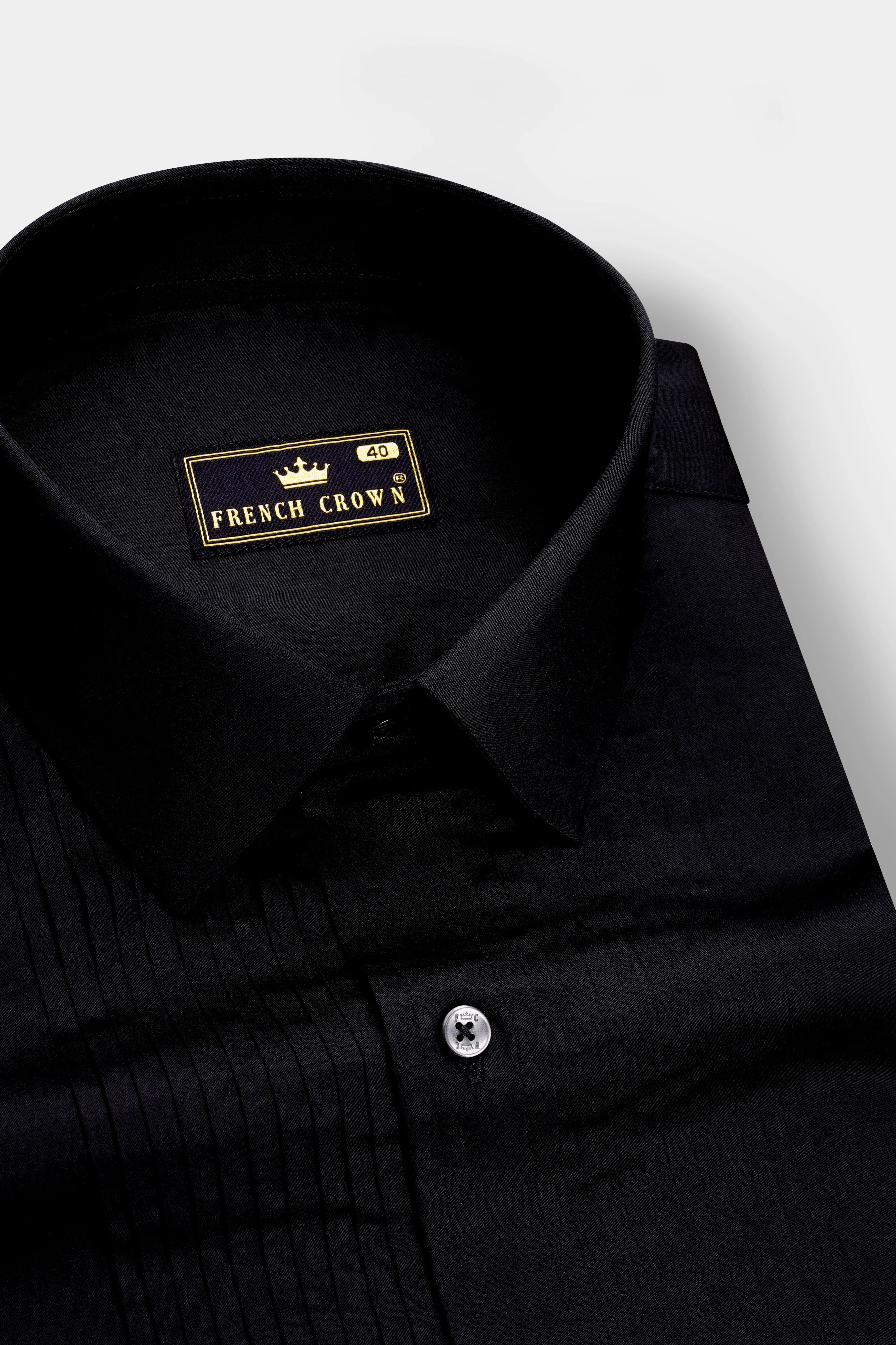 Jade Black Subtle Sheen Snake Pleated Super Soft Premium Cotton Tuxedo Shirt sold by French Crown product image thumbnail 4