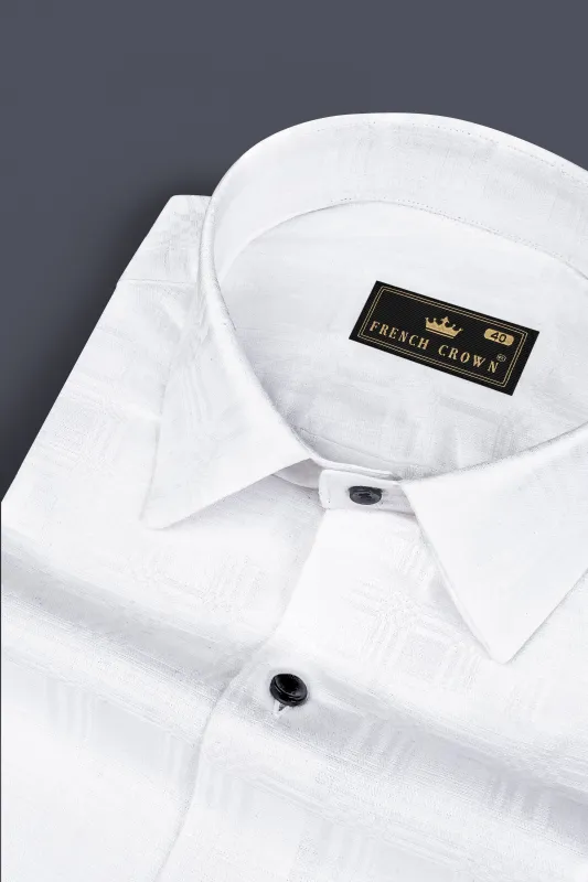 Bright White Jacquard Textured Luxurious Linen Shirt sold by French Crown