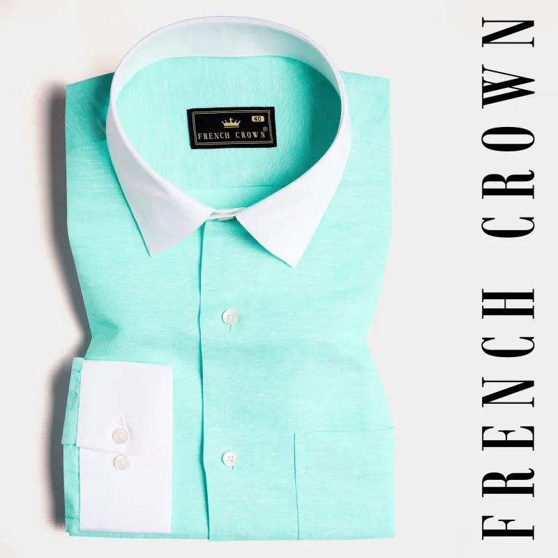 Turquoise Blue with White Cuffs and Collar Luxurious Linen Shirt sold by French Crown