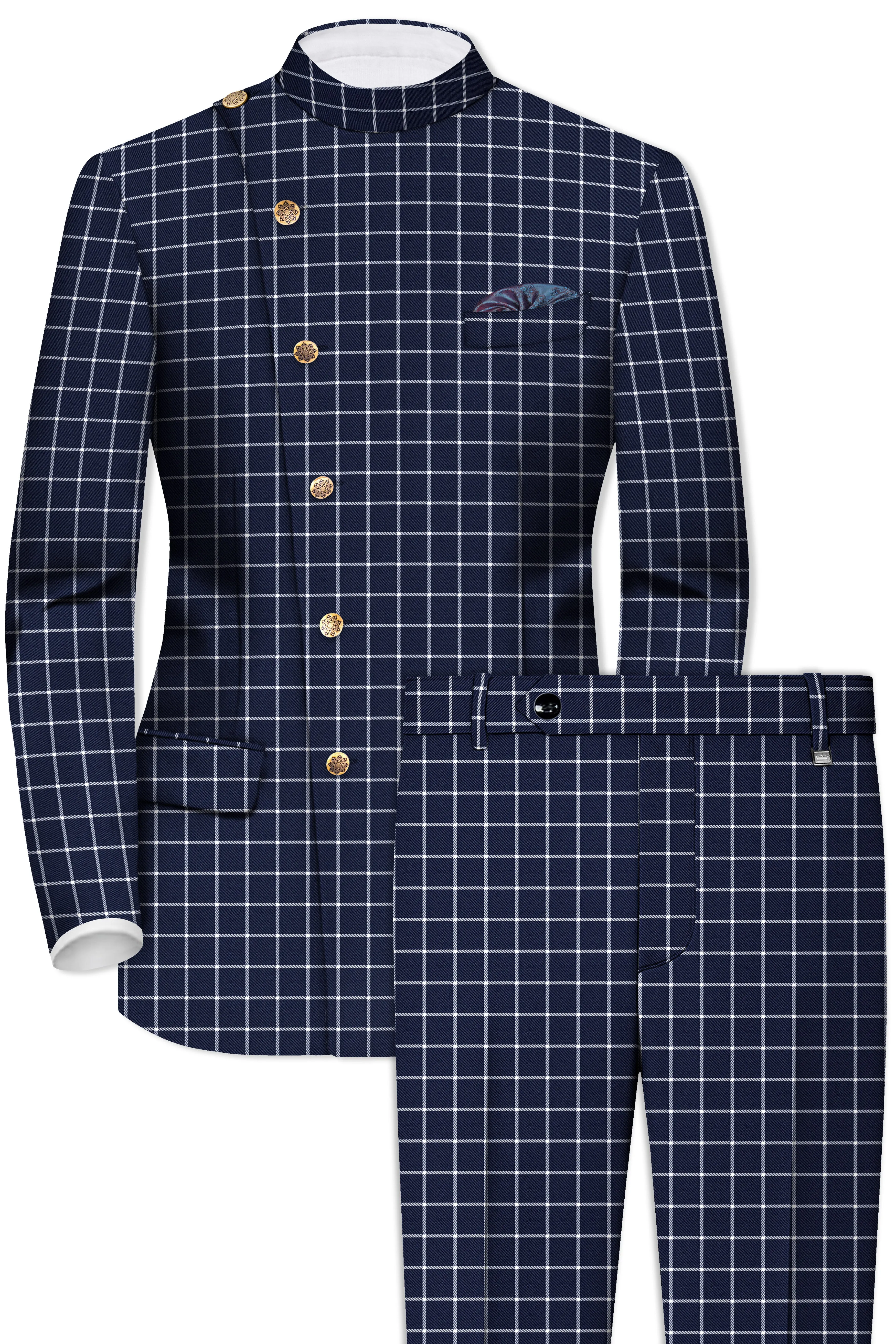 Admiral Blue and White Windowpane Wool Rich Cross Placket Bandhgala Suit sold by French Crown product image thumbnail 2