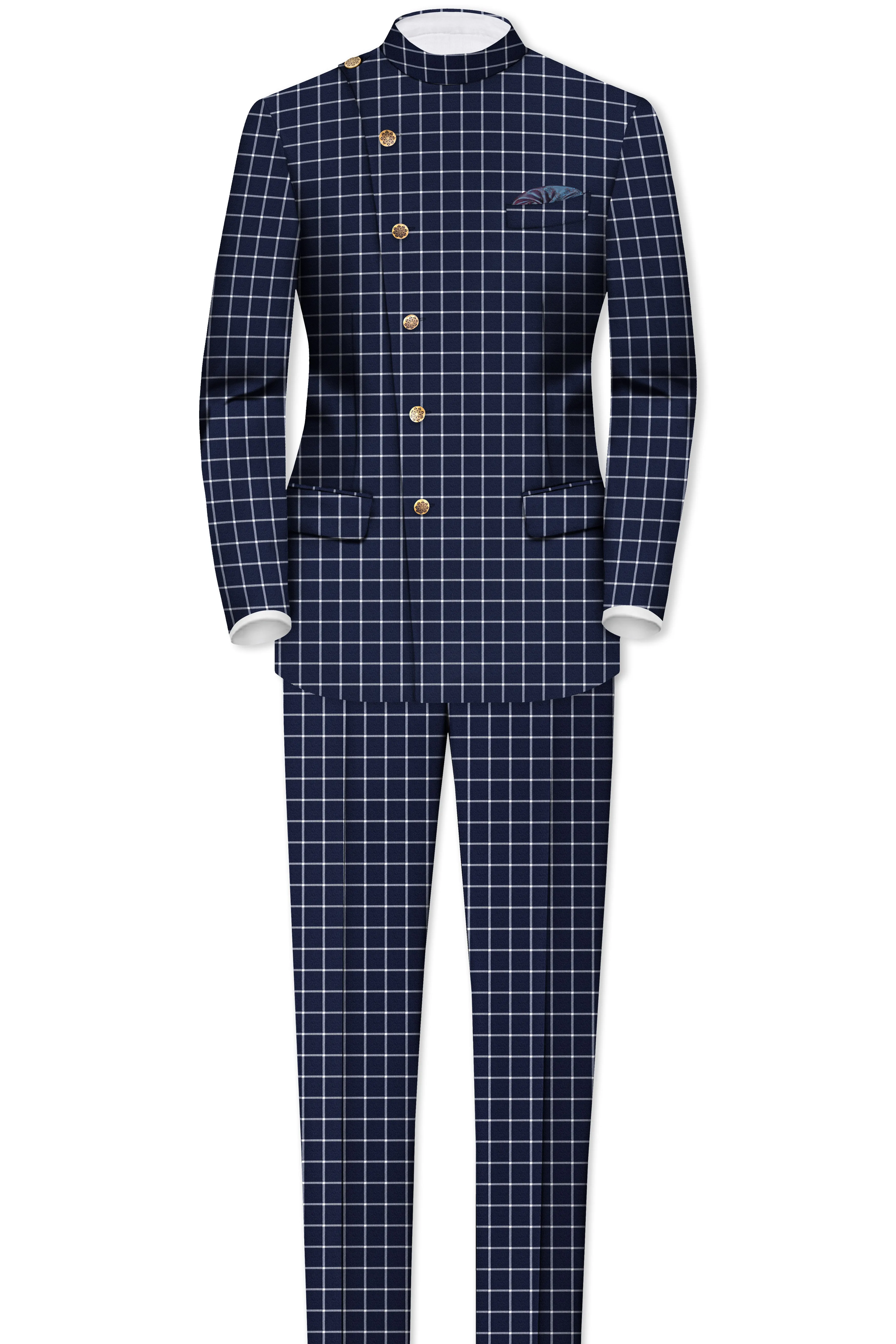 Admiral Blue and White Windowpane Wool Rich Cross Placket Bandhgala Suit sold by French Crown product image thumbnail 4