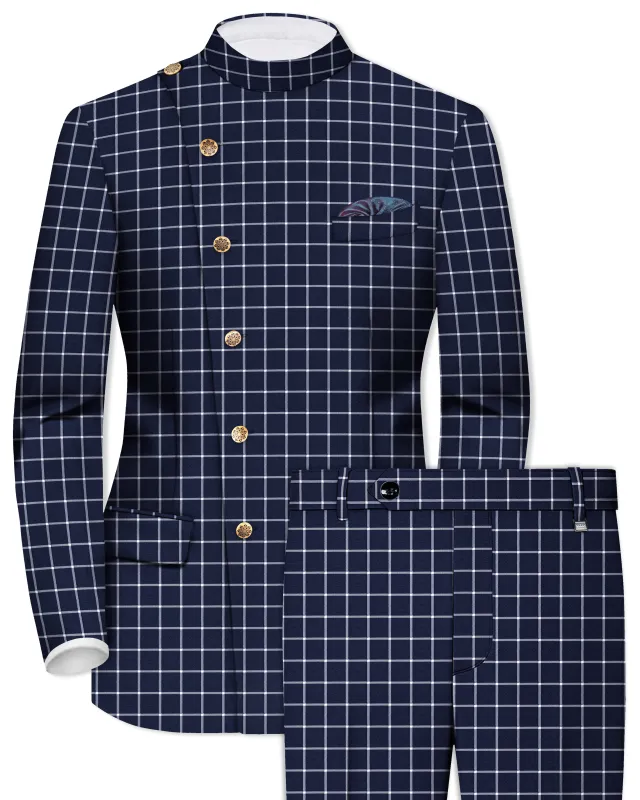 Admiral Blue and White Windowpane Wool Rich Cross Placket Bandhgala Suit sold by French Crown