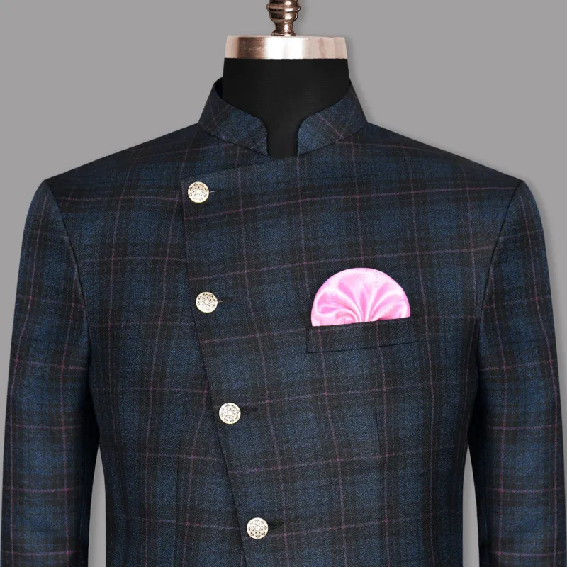 Jade Black with Blue Plaid and red windowpane Cross Placket Bandhgala/Mandarin Wool-Silk blend Blazer sold by French Crown