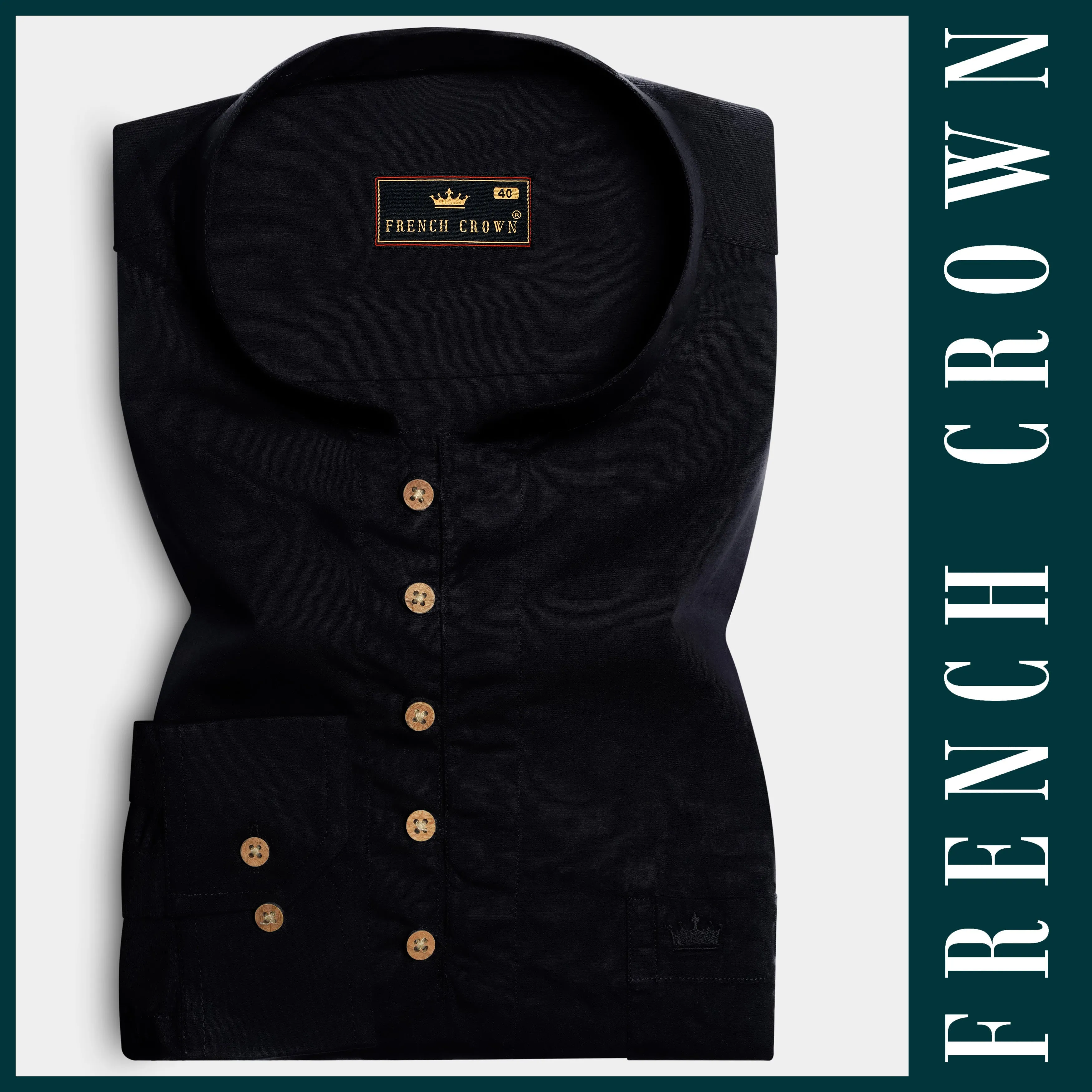 Jade Black Indian Kurta Style Super Soft Giza Cotton Shirt sold by French Crown