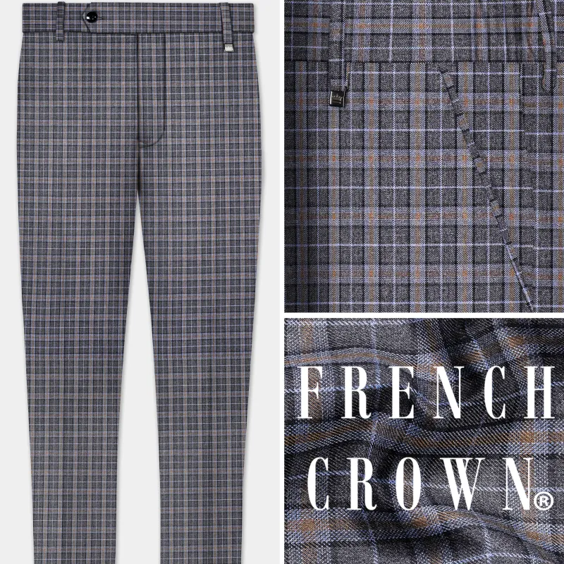 Smokey Gray Plaid Wool Blend Stretchable Waistband Pant sold by French Crown