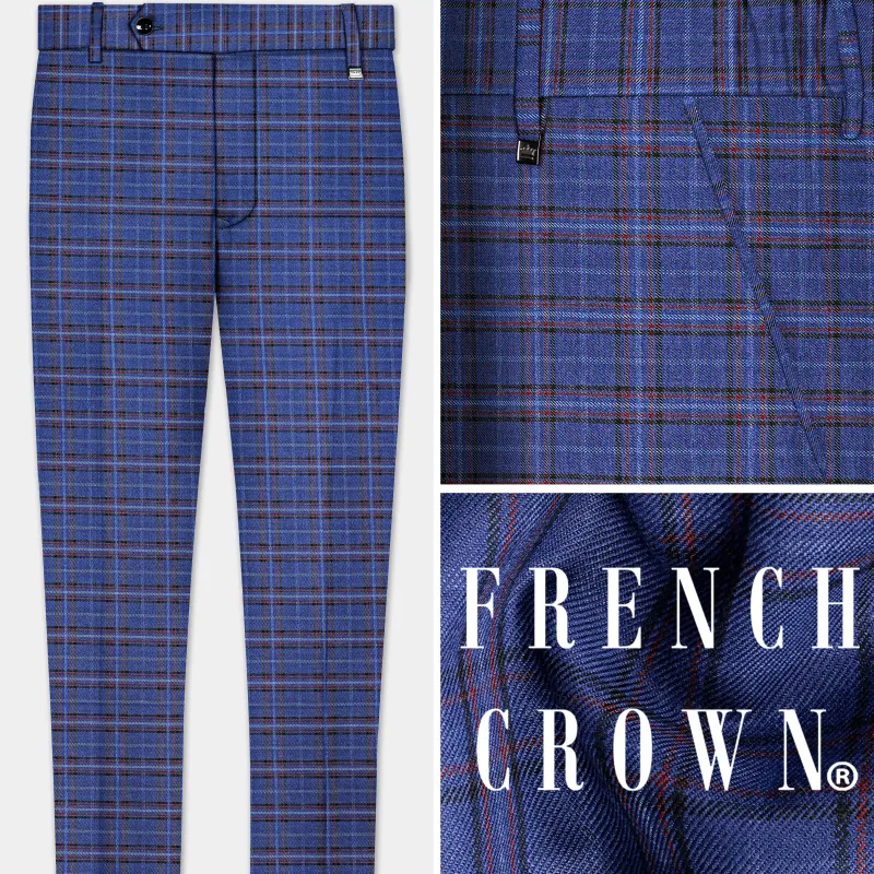Blue Plaid Wool Blend Stretchable Waistband Pant sold by French Crown