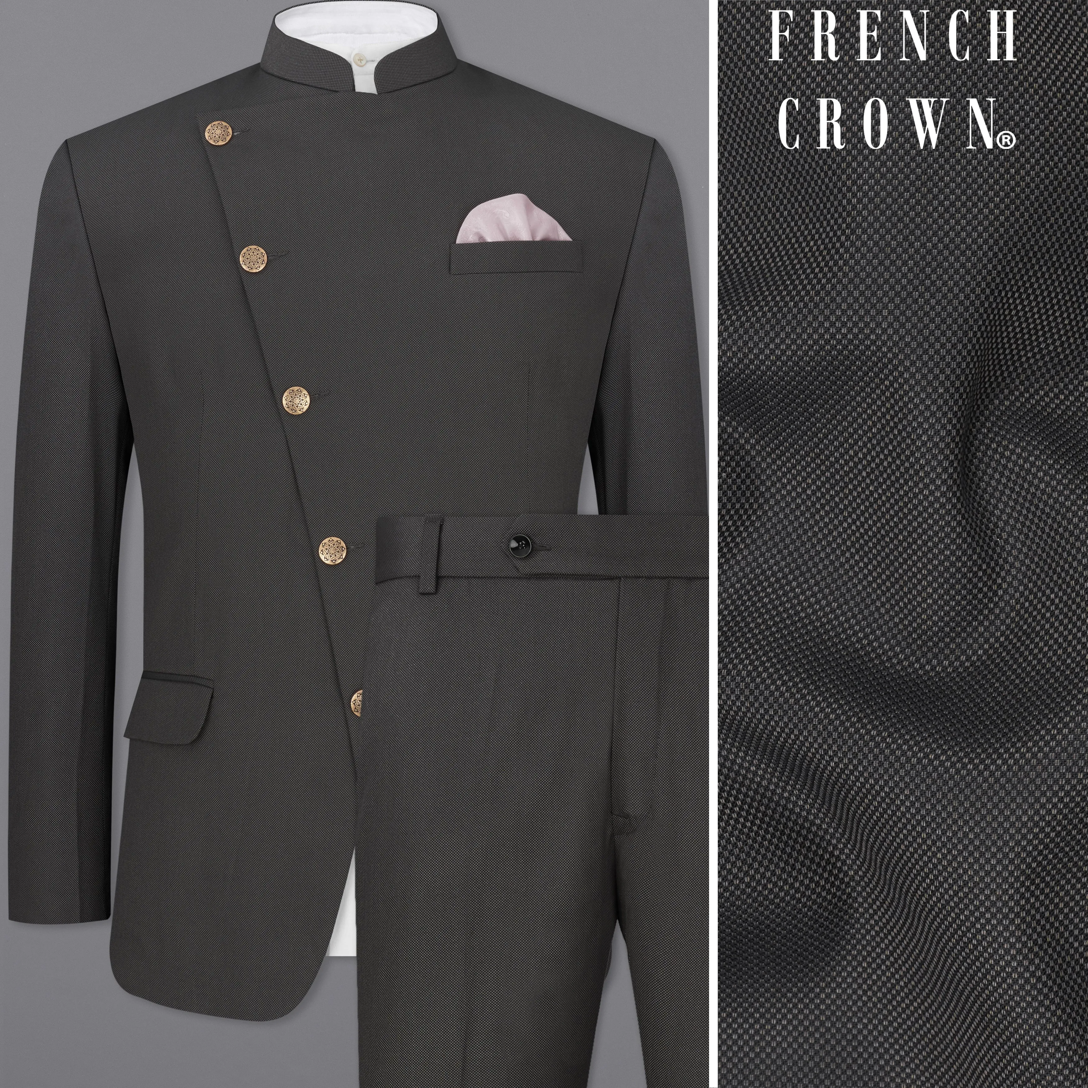 Fuscous Gray Cross Placket Bandhgala Suit sold by French Crown