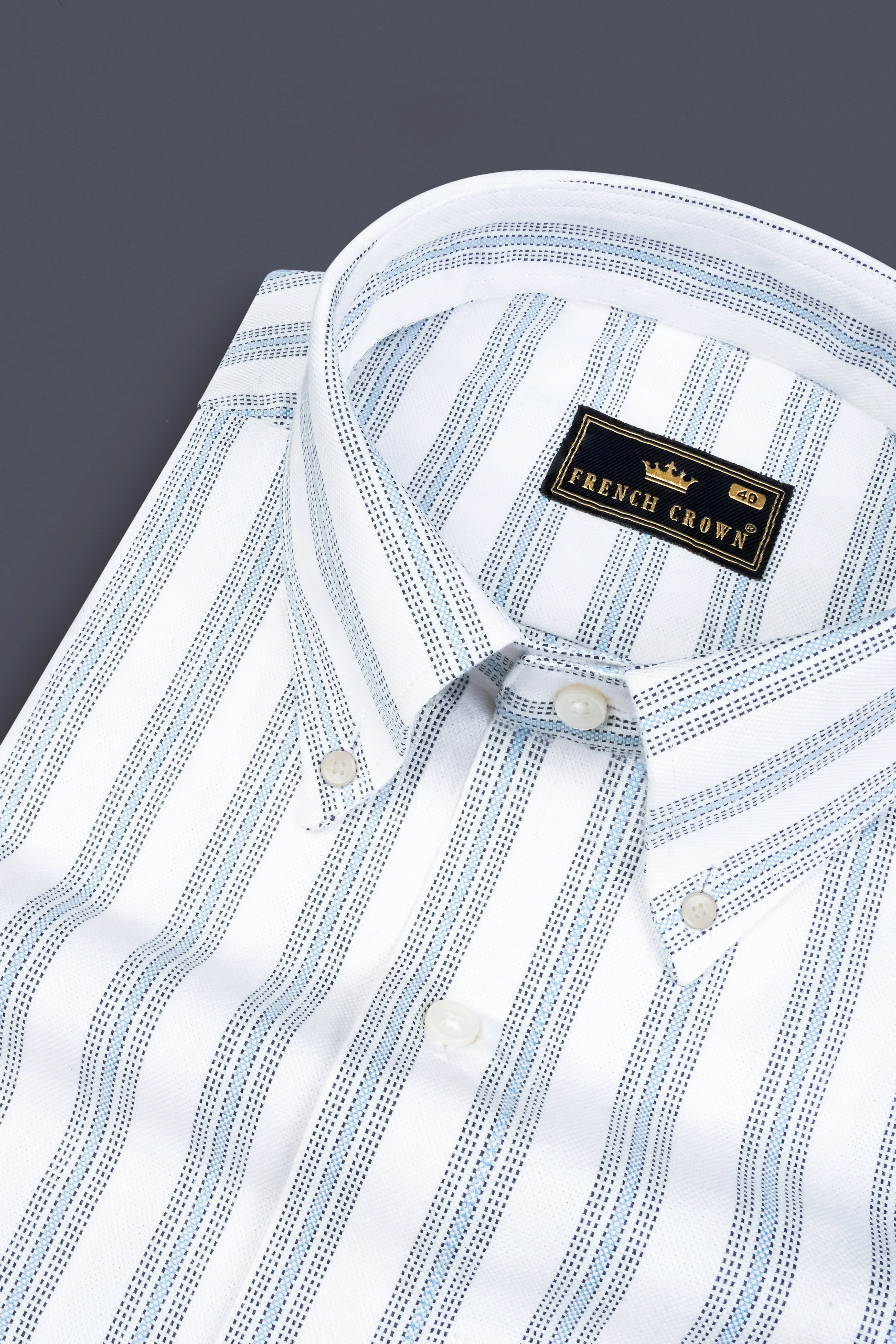 Bright White Multicolour Striped Dobby Textured Premium Giza Cotton Shirt sold by French Crown