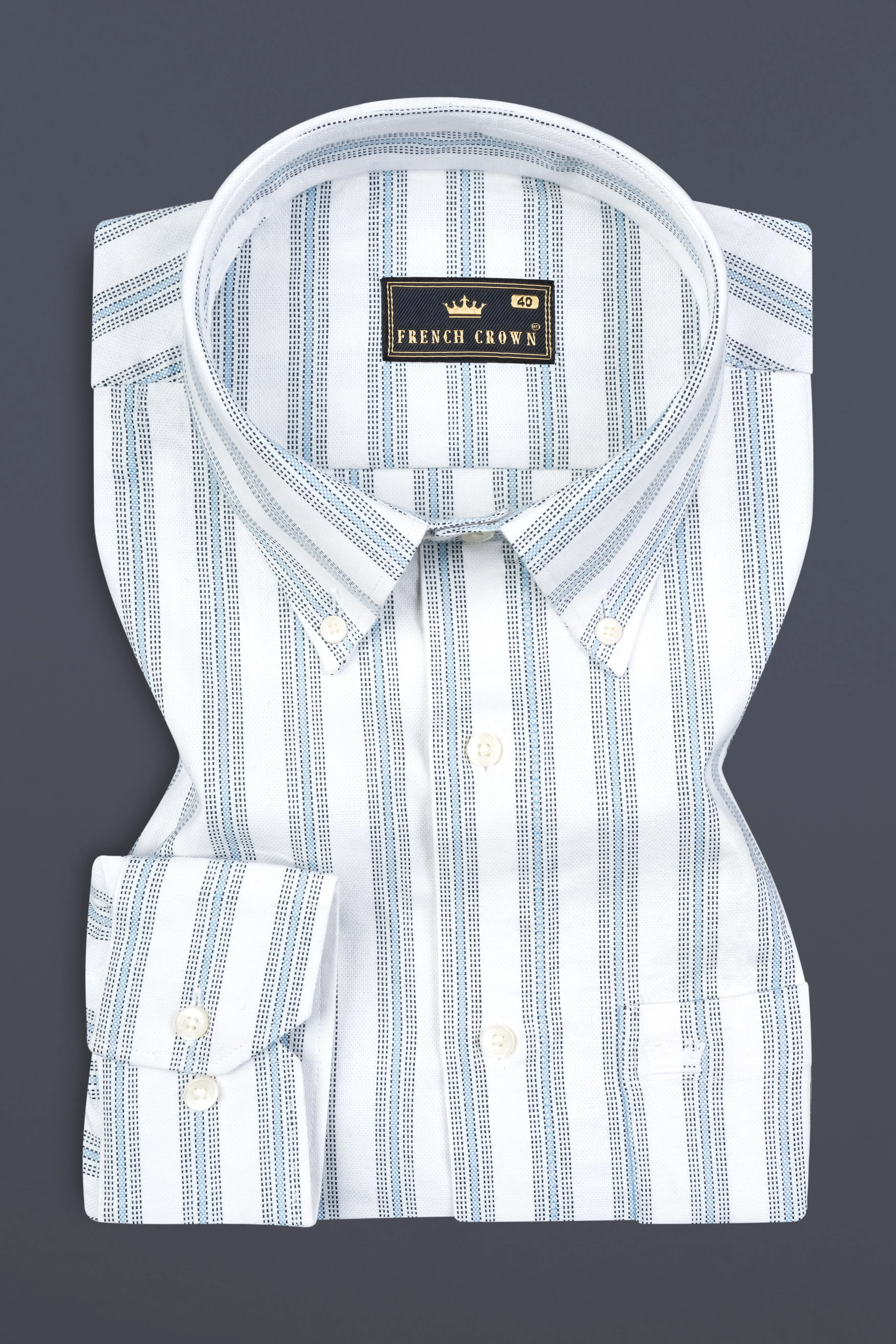 Bright White Multicolour Striped Dobby Textured Premium Giza Cotton Shirt sold by French Crown product image thumbnail 3