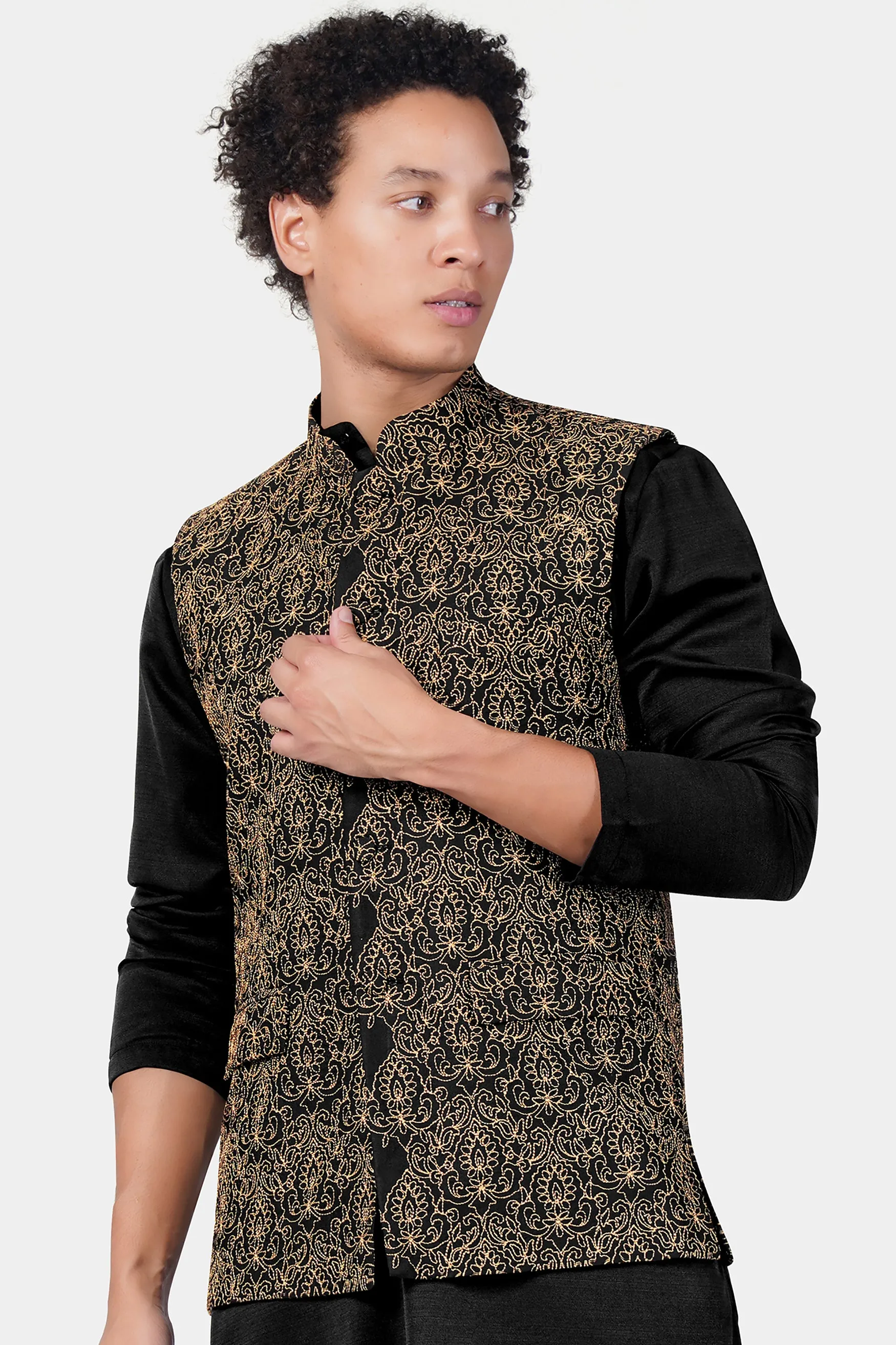 Jade Black Thread Embroidered Designer Viscose Nehru Jacket sold by French Crown product image thumbnail 2