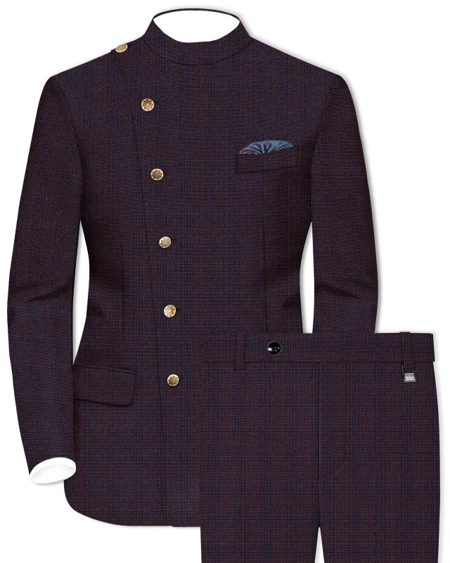 Thunder Brown Subtle Checkered Woolrich Cross Placket Bandhgala Suit sold by French Crown