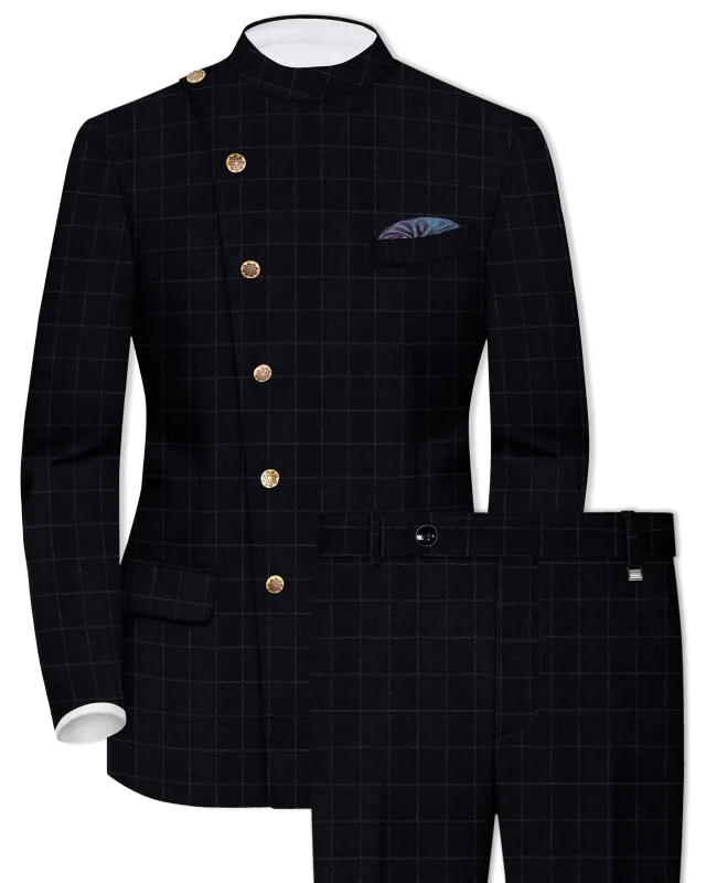 Log Cabin Black Super fine  Windowpane Cross Placket Wool Rich Bandhgala Suit sold by French Crown