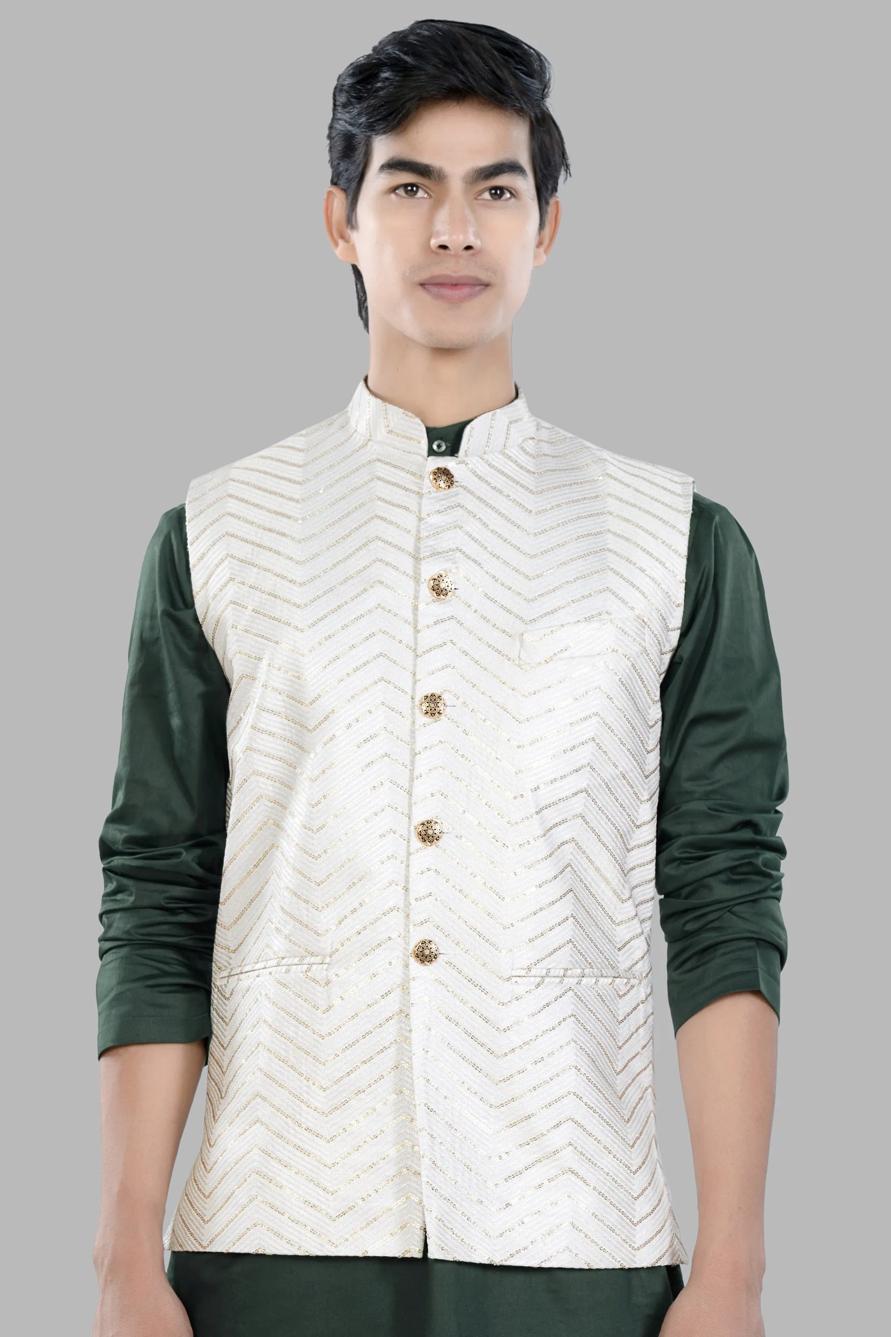 Bright White Chevron Sequin and Thread Embroidered Designer Nehru
Jacket sold by French Crown product image thumbnail 2