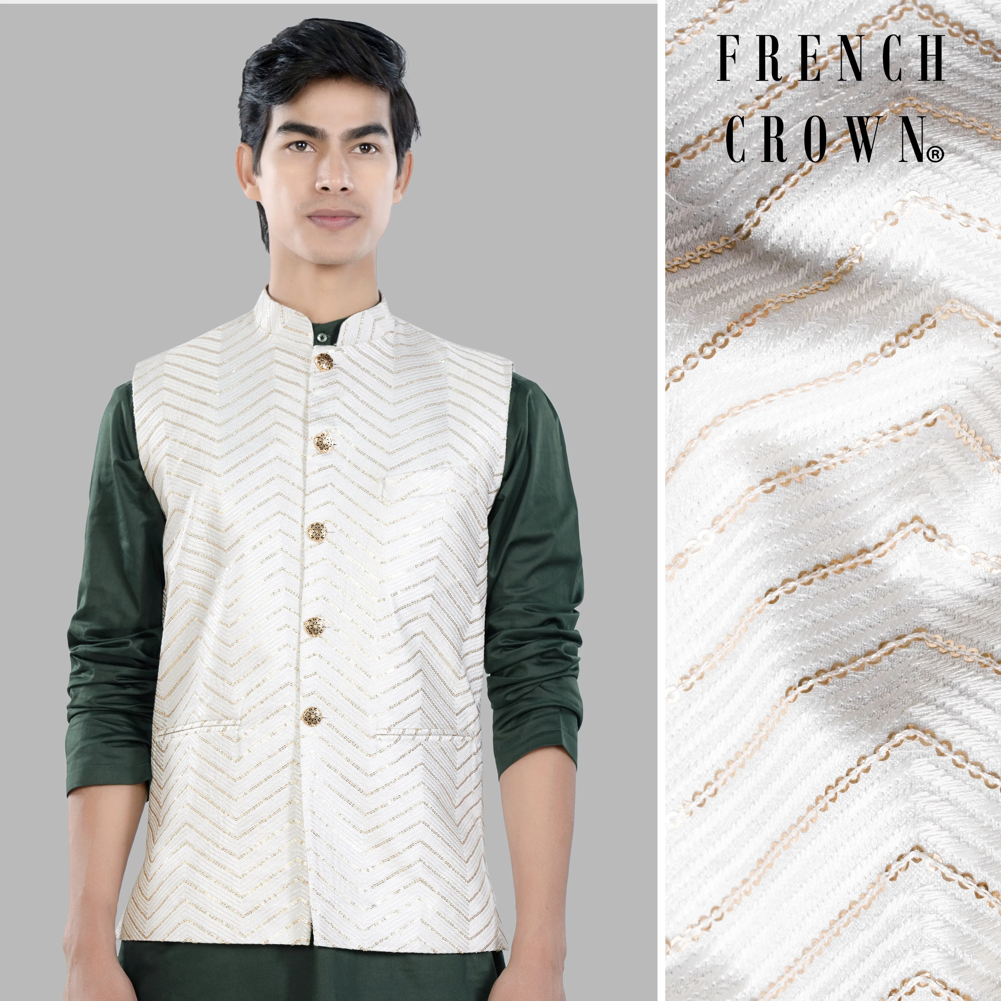 Bright White Chevron Sequin and Thread Embroidered Designer Nehru
Jacket sold by French Crown