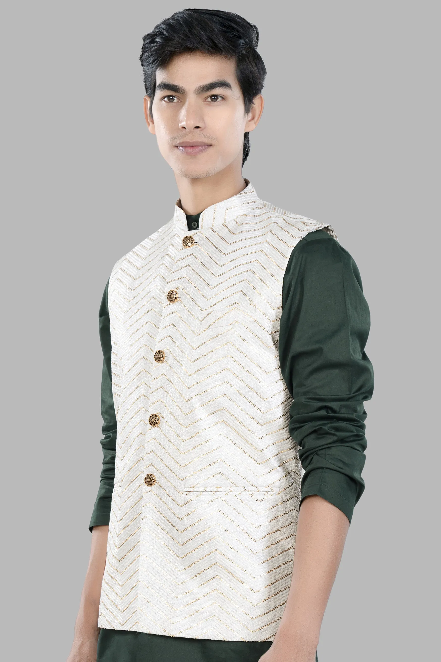 Bright White Chevron Sequin and Thread Embroidered Designer Nehru
Jacket sold by French Crown product image thumbnail 5