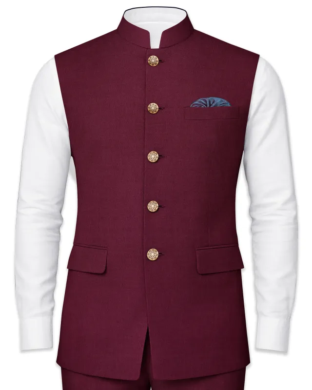 Bordeaux Maroon Wool Rich Nehru Jacket sold by French Crown