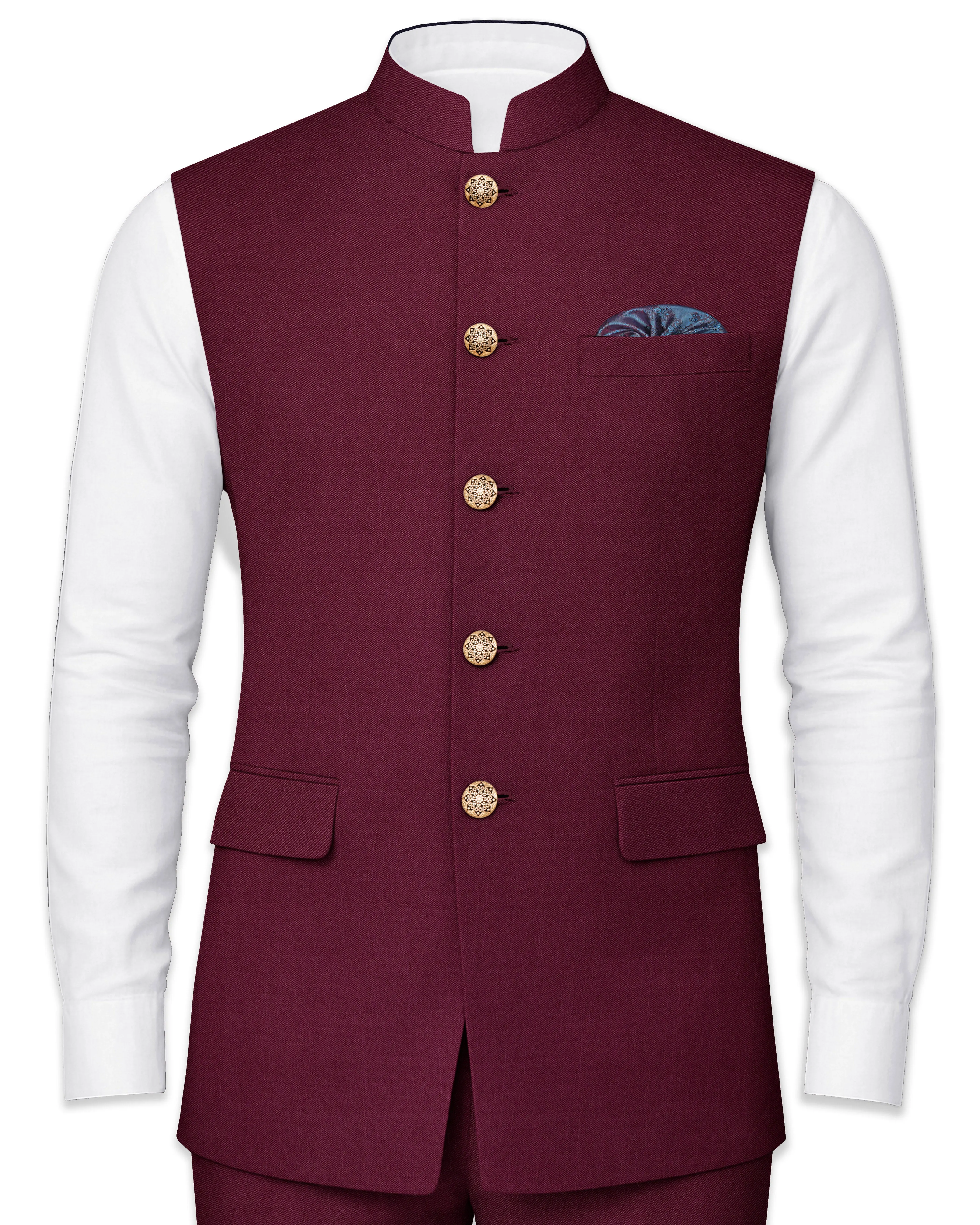 Bordeaux Maroon Wool Rich Nehru Jacket sold by French Crown