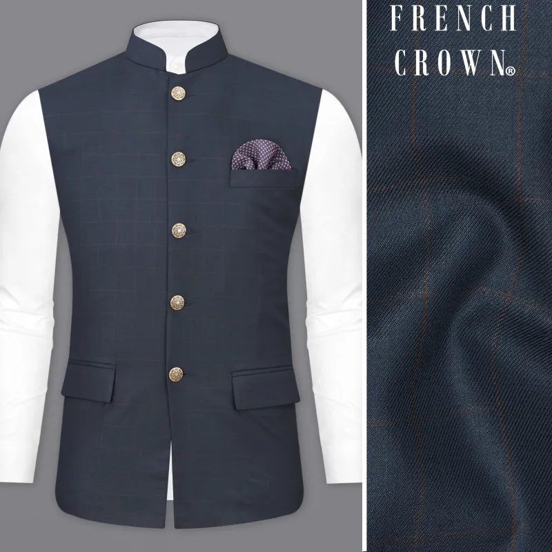 Ebony Clay Blue Windowpane Nehru Jacket sold by French Crown