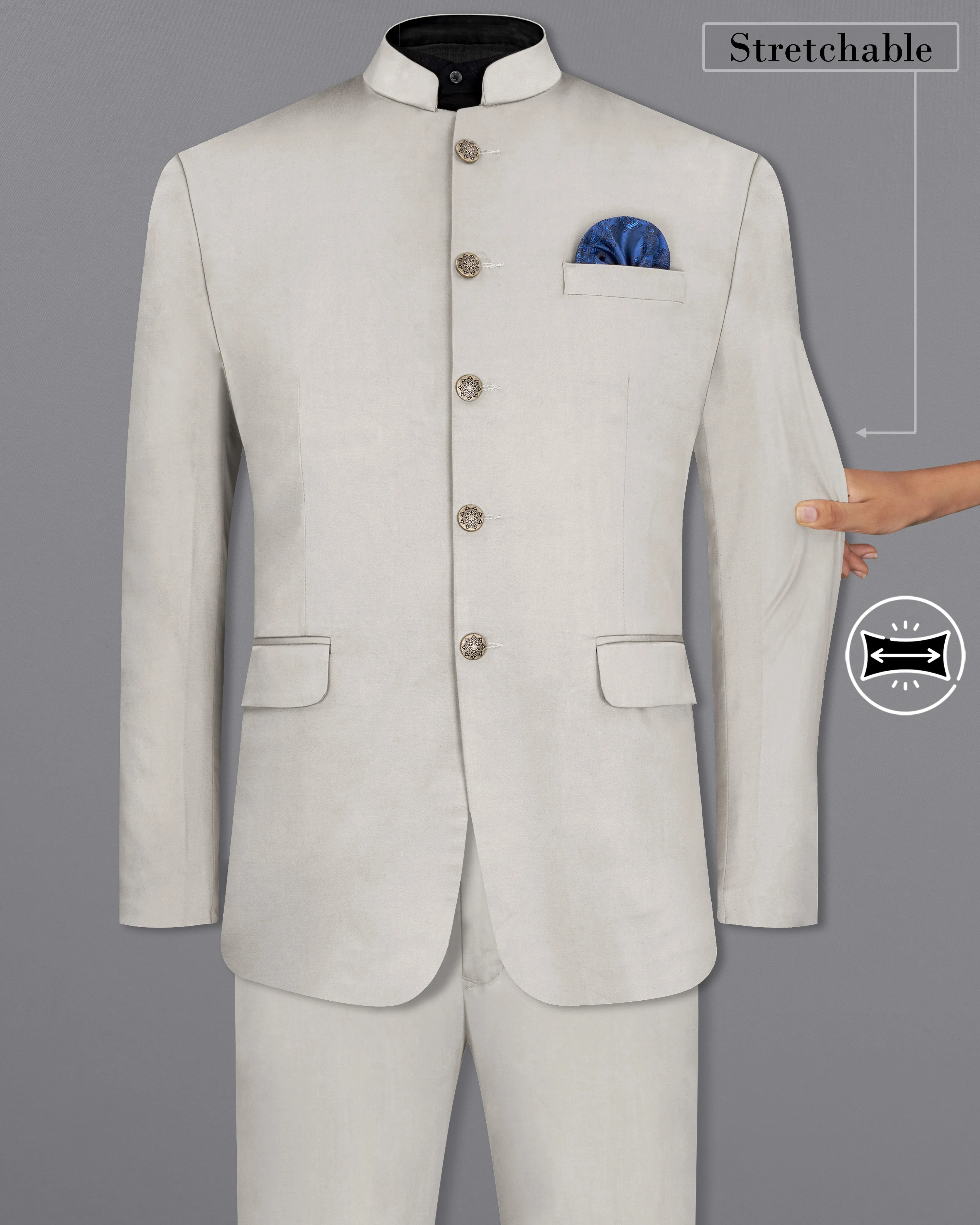 Sisal Light Gray Stretchable Bandhgala Premium Cotton traveler Suit sold by French Crown product image thumbnail 2