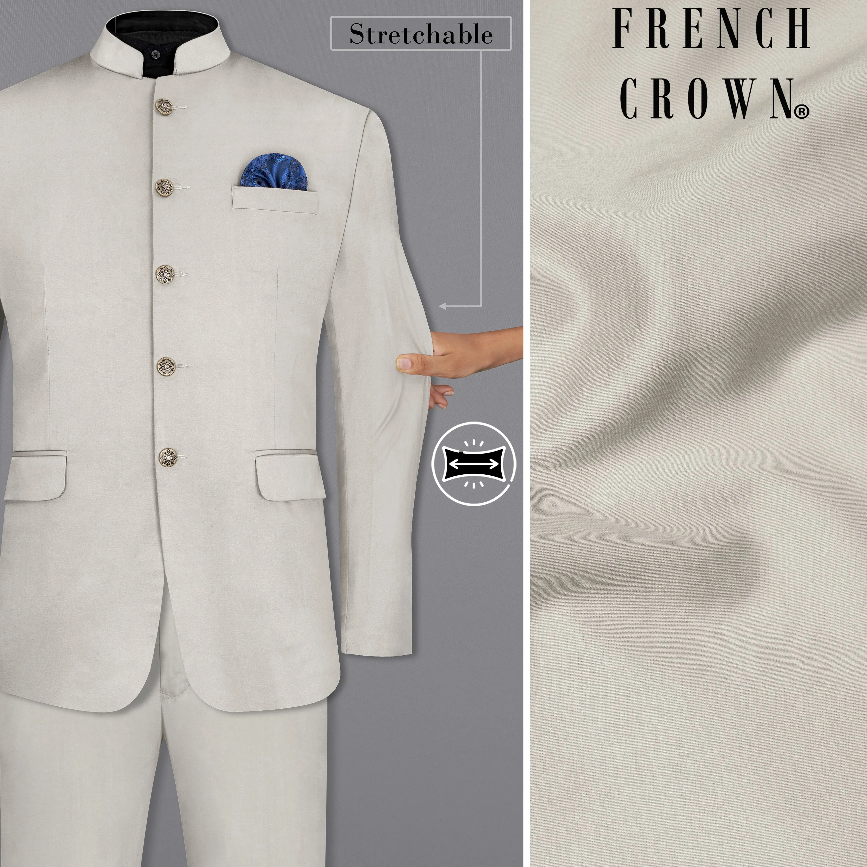 Sisal Light Gray Stretchable Bandhgala Premium Cotton traveler Suit sold by French Crown