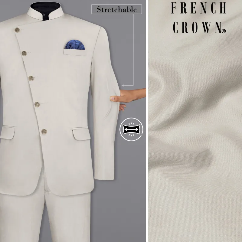 Sisal Light Gray Cross Placket Bandhgala Premium Cotton Stretchable traveler Suit sold by French Crown