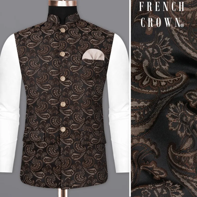 Stonewall Brown with Zeus Black Paisley Textured Designer Nehru Jacket sold by French Crown