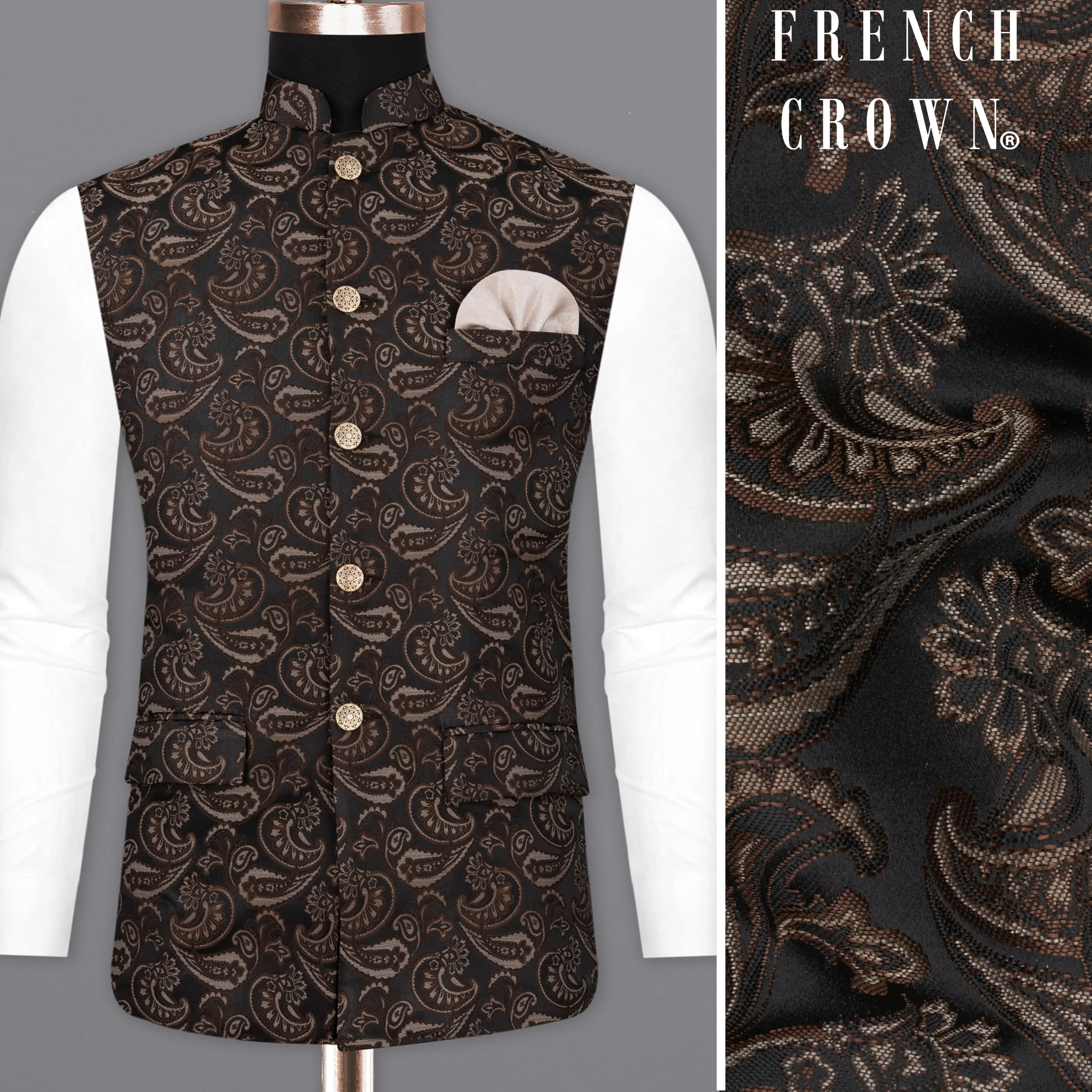 Stonewall Brown with Zeus Black Paisley Textured Designer Nehru Jacket sold by French Crown