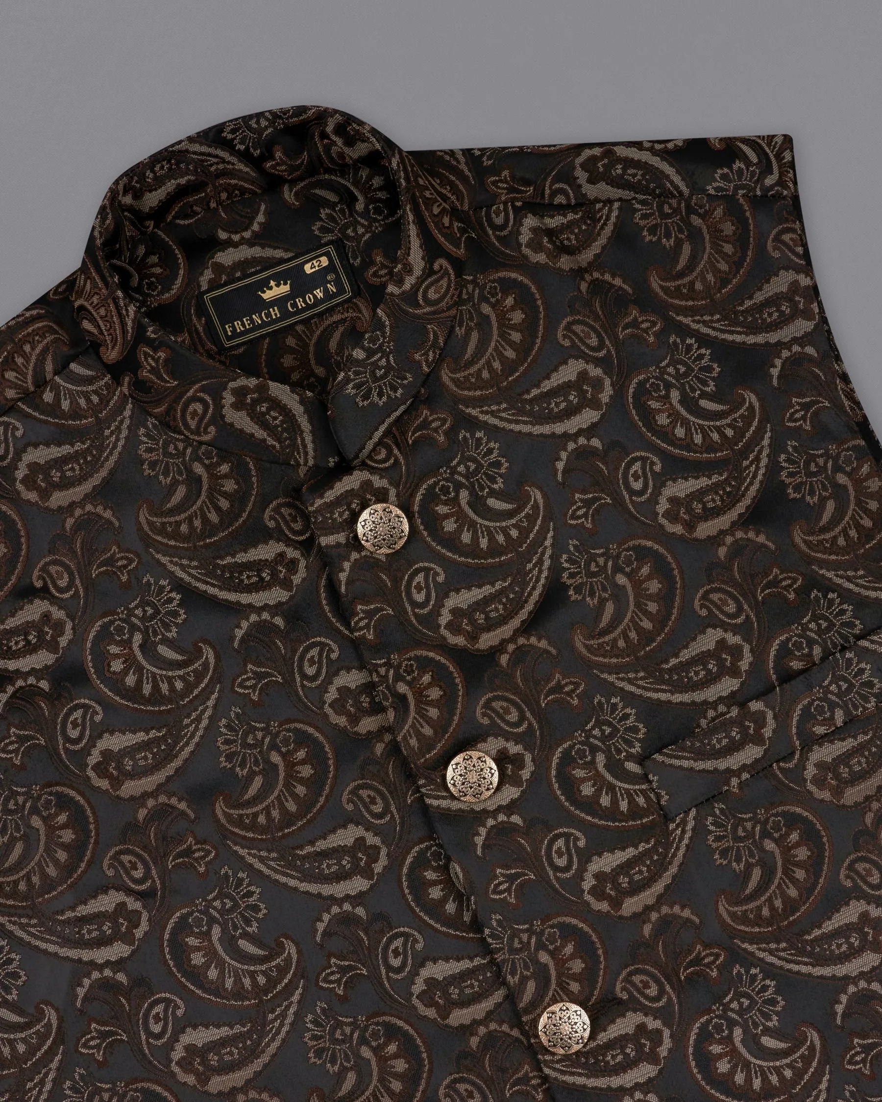 Stonewall Brown with Zeus Black Paisley Textured Designer Nehru Jacket sold by French Crown product image thumbnail 4