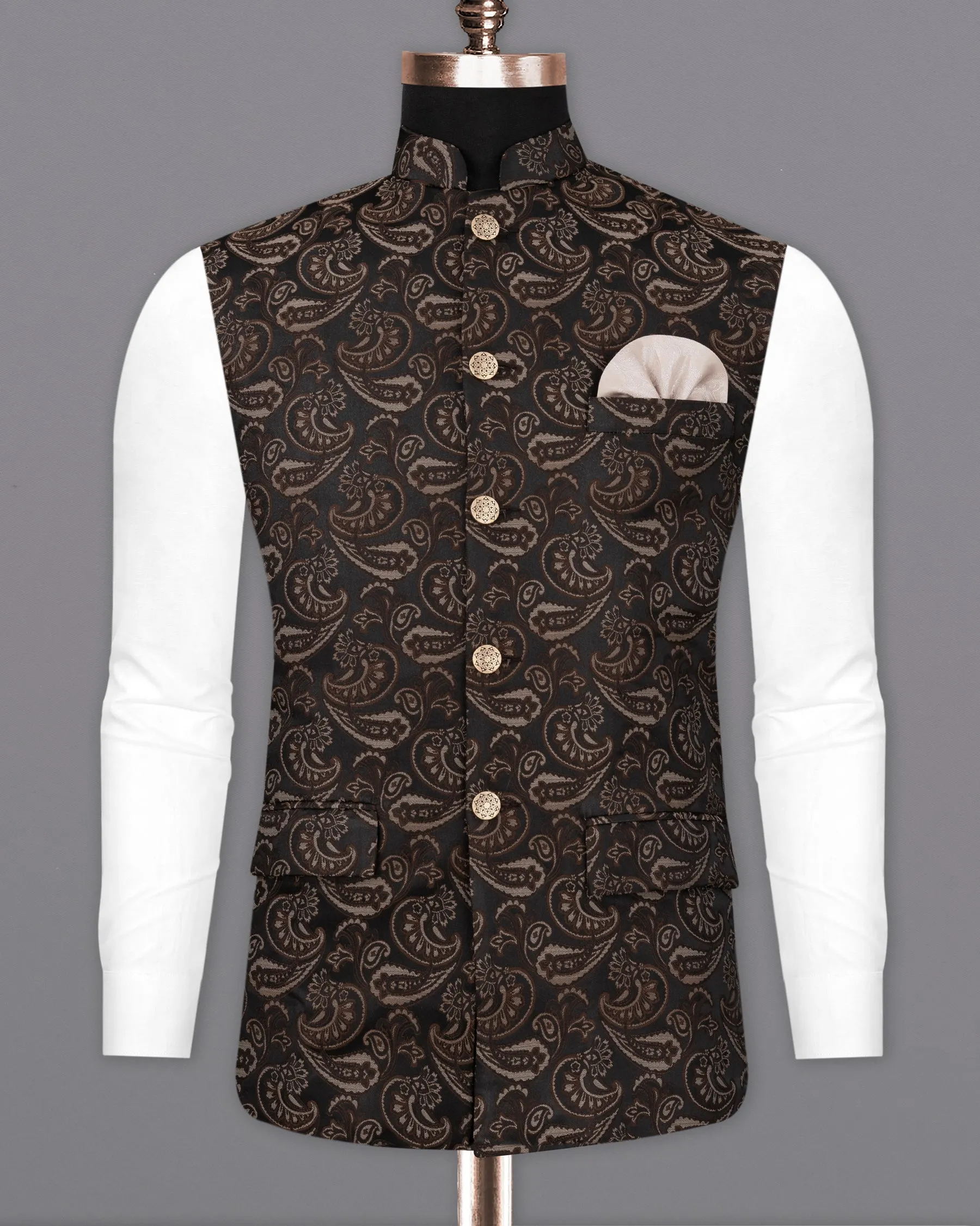 Stonewall Brown with Zeus Black Paisley Textured Designer Nehru Jacket sold by French Crown product image thumbnail 2