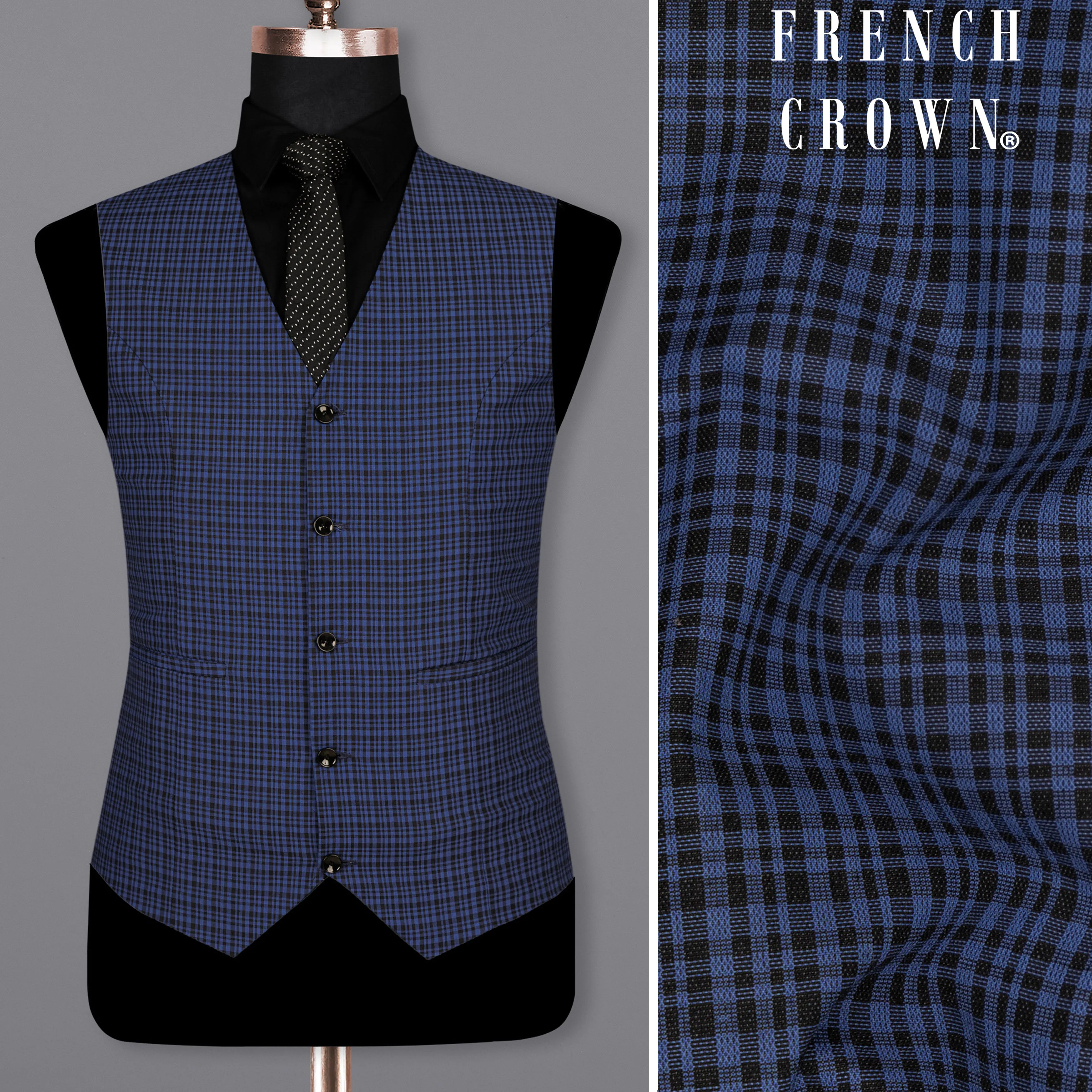 Chambray Blue and Jade Black Gingham Premium Cotton Waistcoat sold by French Crown