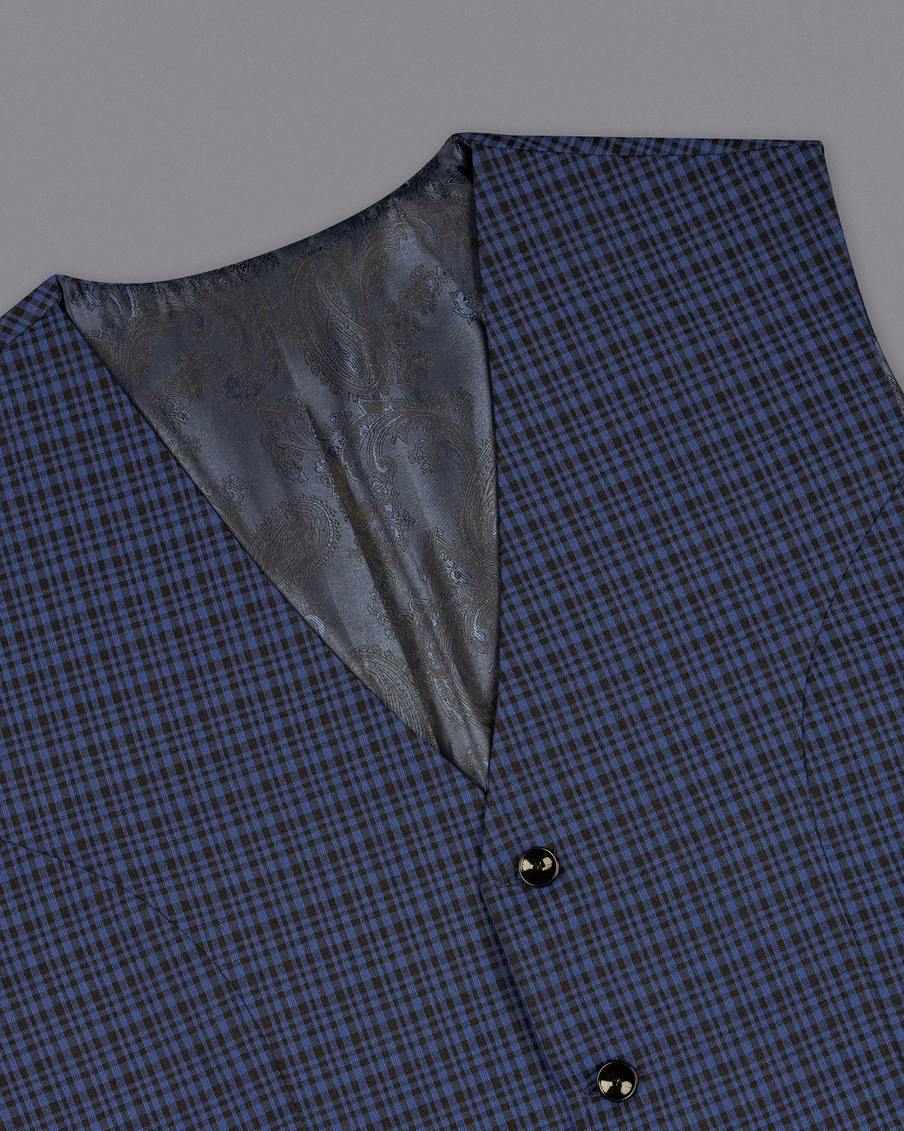 Chambray Blue and Jade Black Gingham Premium Cotton Waistcoat sold by French Crown product image thumbnail 4