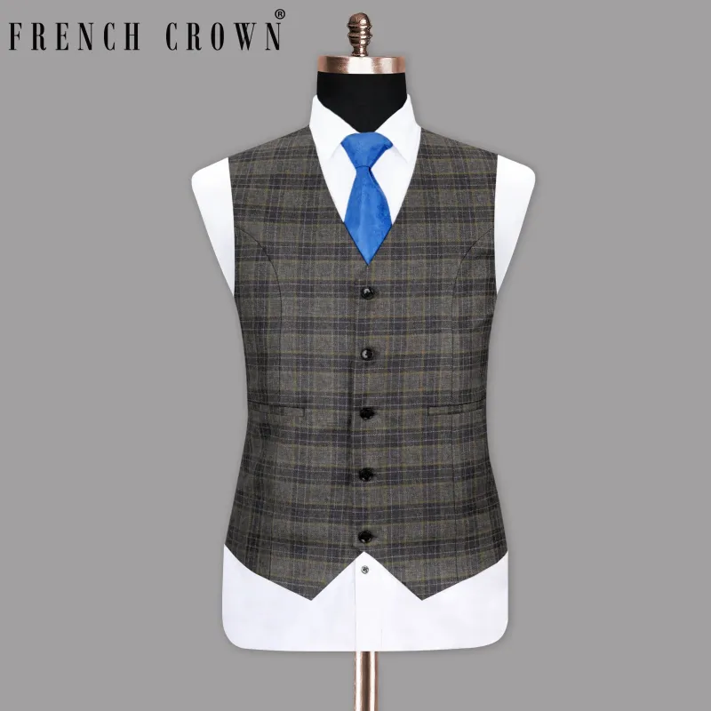 Soya Bean with Dune Brown Plaid Wool Rich Waistcoat sold by French Crown