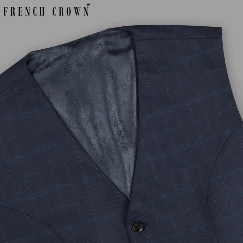 Navy Windowpane Wool Blend Waistcoat sold by French Crown