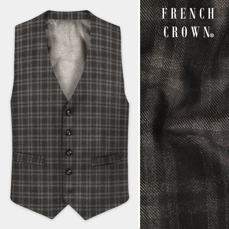 Espresso Brown Plaid Wool Blend Waistcoat sold by French Crown