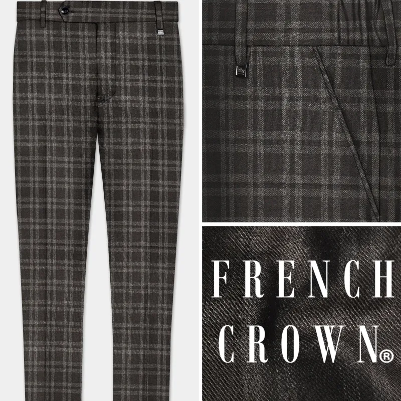 Espresso Brown Plaid Wool Blend Stretchable Waistband Pant sold by French Crown
