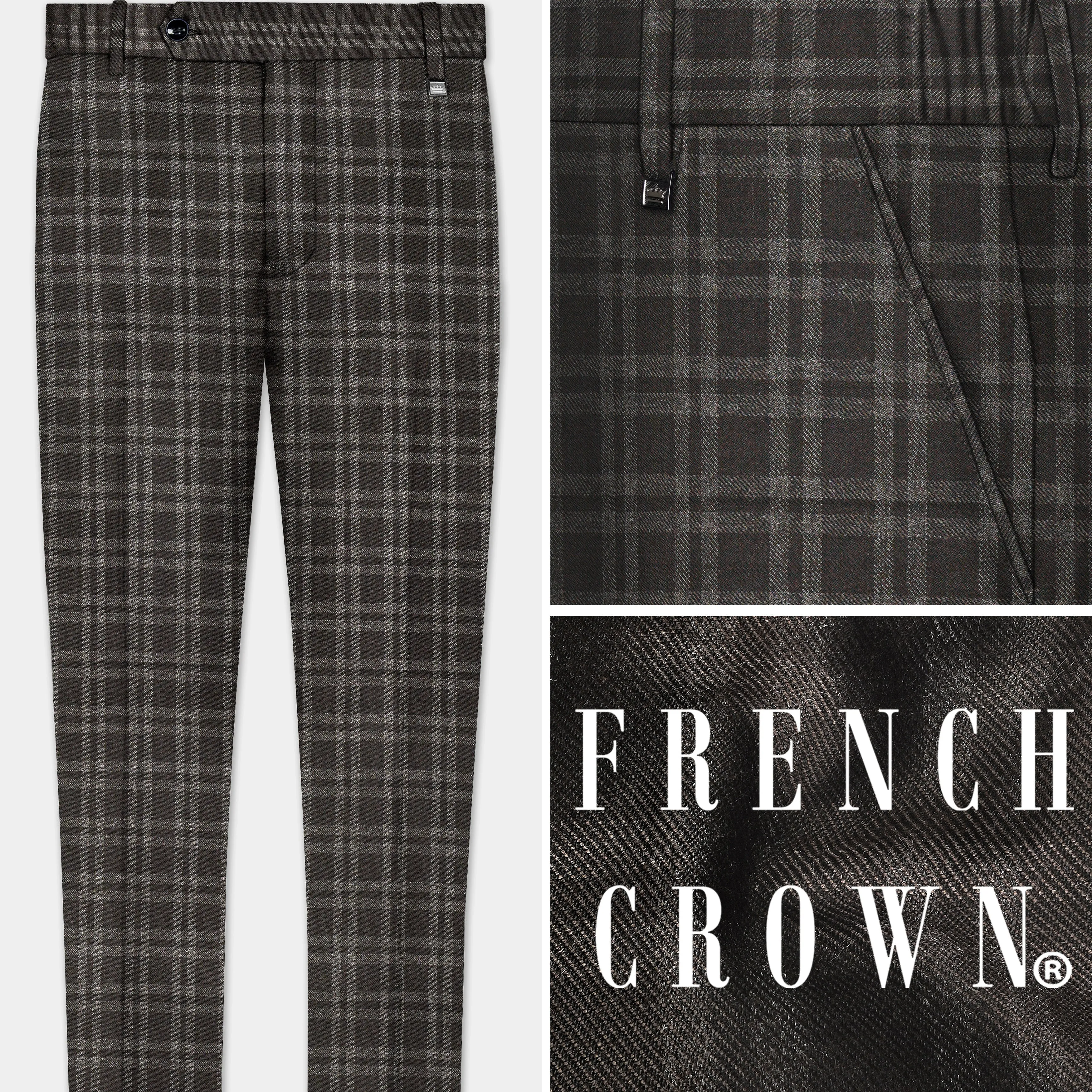 Espresso Brown Plaid Wool Blend Stretchable Waistband Pant sold by French Crown