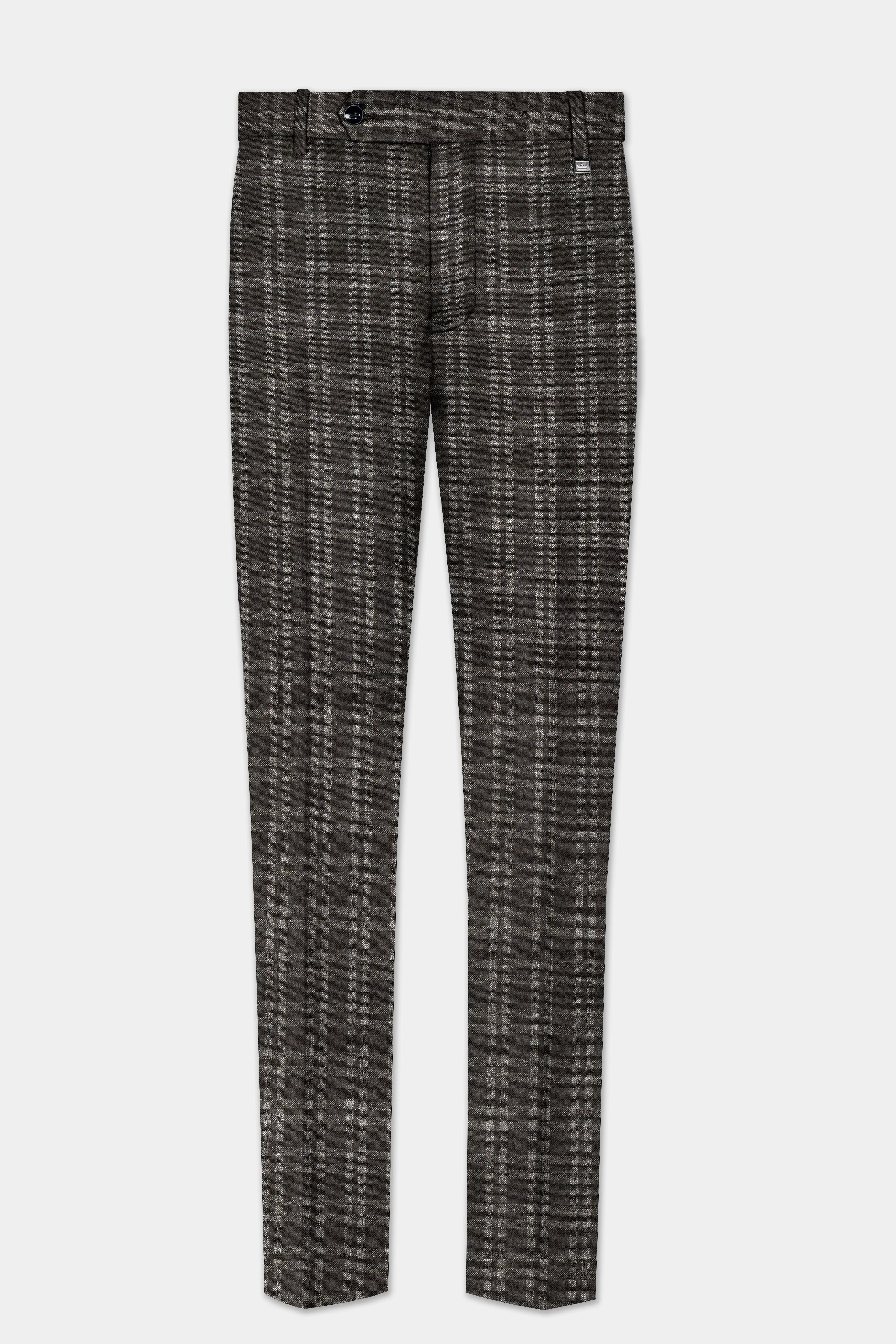 Espresso Brown Plaid Wool Blend Stretchable Waistband Pant sold by French Crown product image thumbnail 2