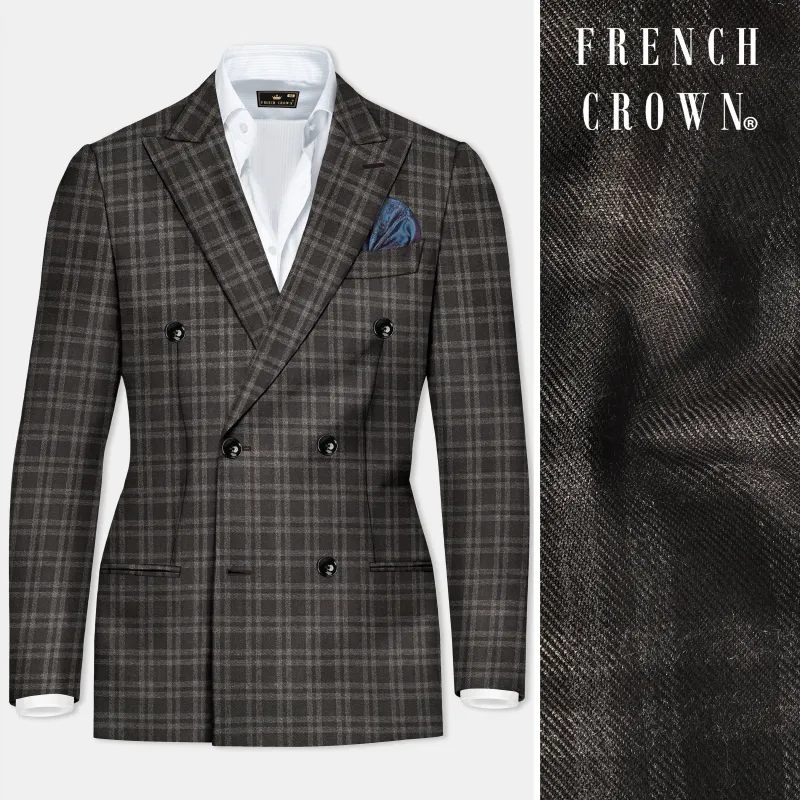 Espresso Brown Plaid Wool Blend Double Breasted Blazer sold by French Crown